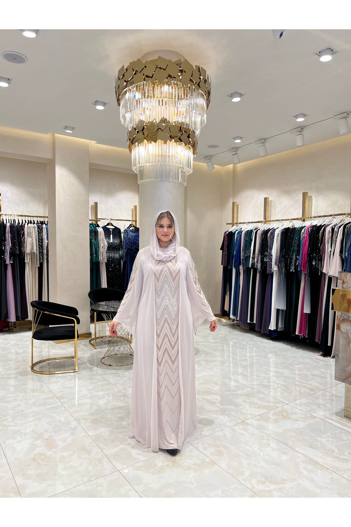Balerina Likralı İç Elbise Üzerine Taş İşlemeli Büyük Beden Abiye Kaftan