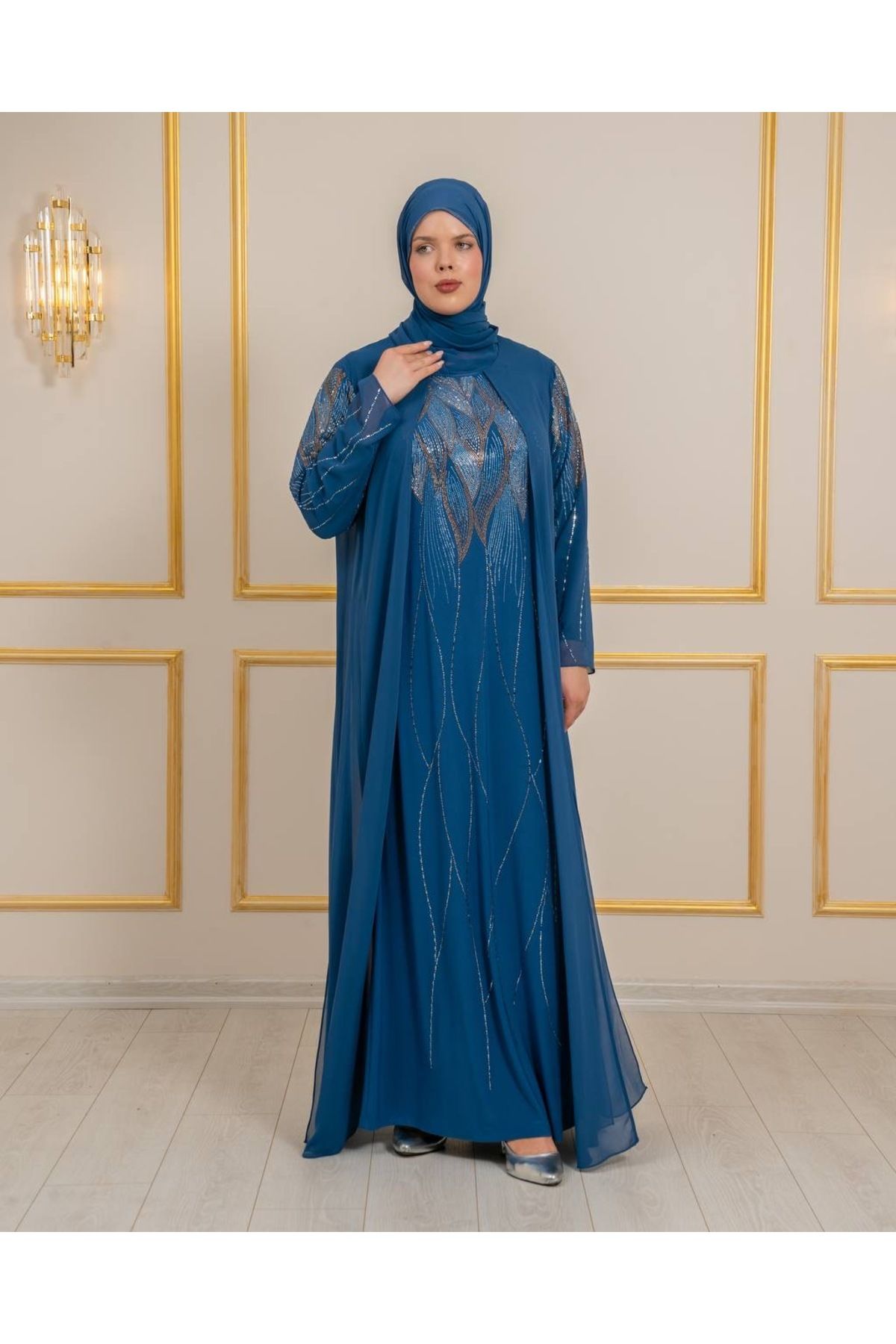 Balerina Likralı İç Elbise Üzerine Taş İşlemeli Büyük Beden Şifon Abiye Kaftan