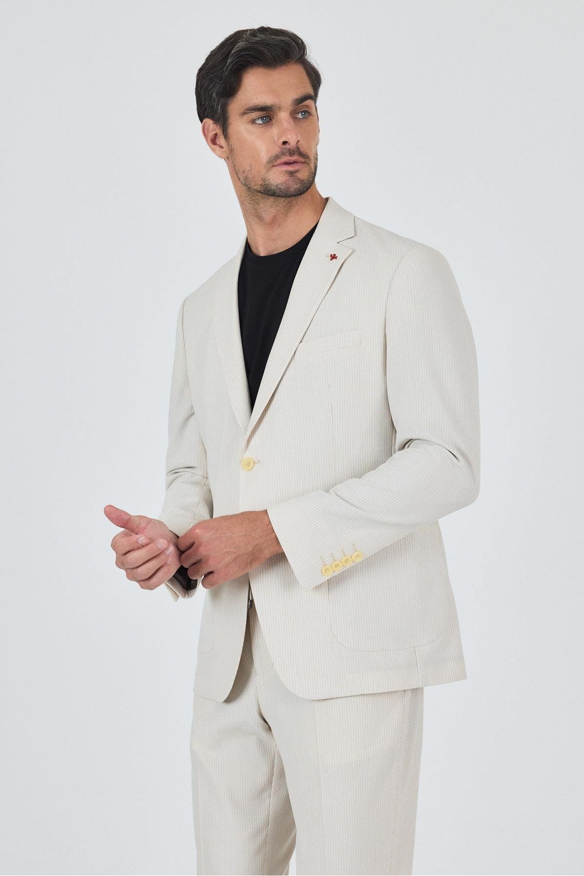 İmza Açık Bej Gofreli Mono Yaka Esnek 6 Drop Slim Fit Classic Takım Elbise 1001250117