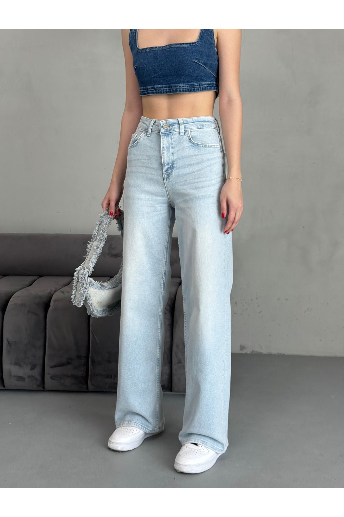 alanora Kadın Yüksek bel Esnek Soluk Efektli Vintage Palazzo Jeans