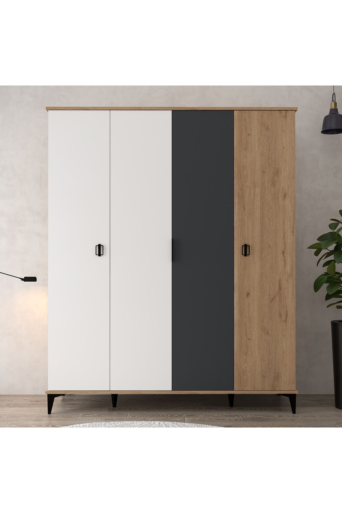Evmo Home 6402 Neva 4 Kapılı 200 Cm Gizli Çekmeceli Gardırop , Elbise Dolabı , Genç Odası Antrasit - Beyaz