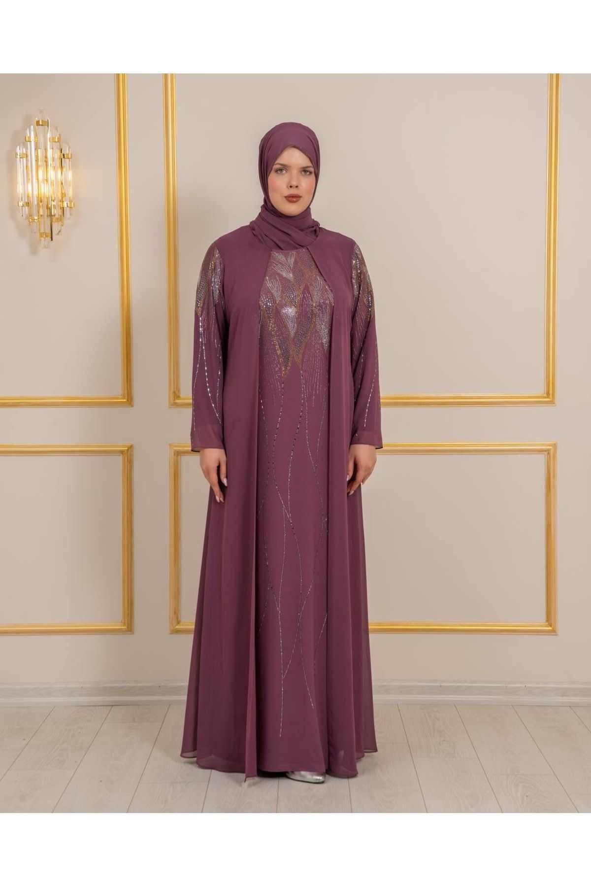 Balerina Likralı İç Elbise Üzerine Taş İşlemeli Büyük Beden Şifon Abiye Kaftan