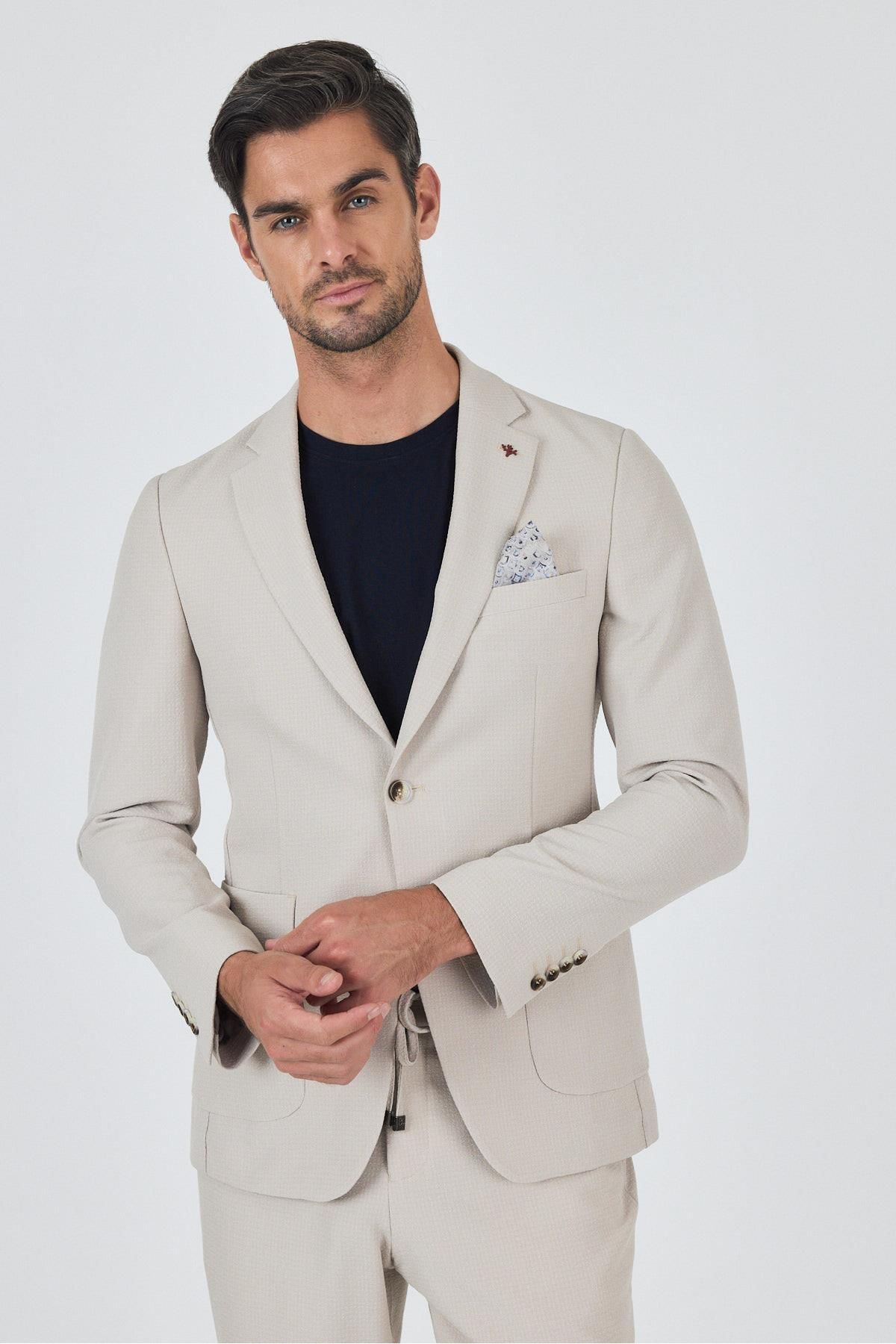 İmza Bej Mono Yaka Kendinden Desenli 2 Düğme Casual Esnek Slim Fit Takım Elbise 1001250174