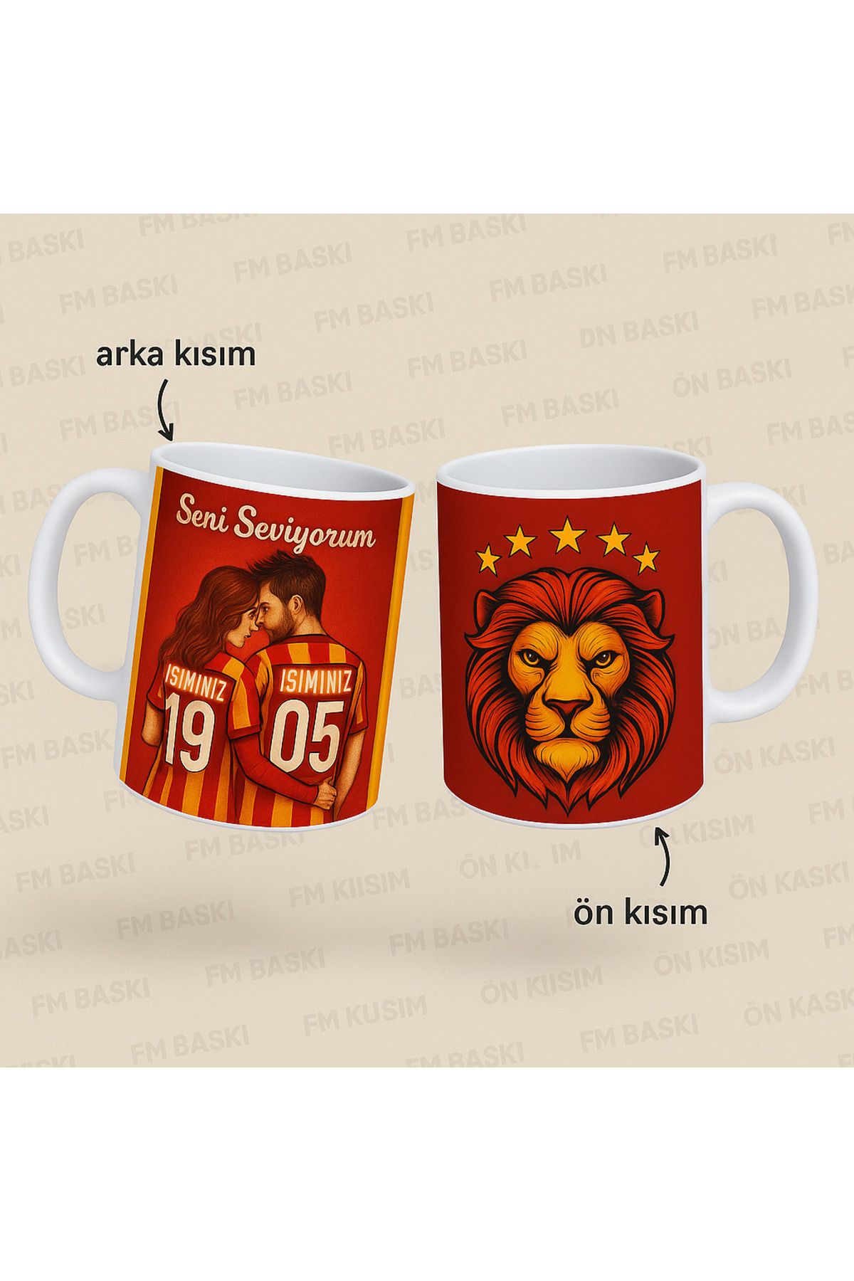 FM BASKI Sarı kırmızı temalı kadın erkek forma arkası isim kişiye özel kupa bardak