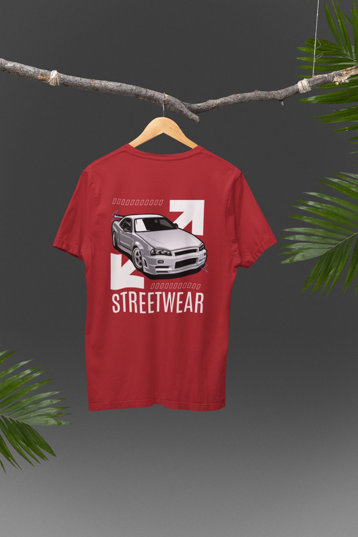 Lyonis Unisex Kırmızı StreetWear Araba Baskılı Bisiklet Yaka Penye T-Shirt