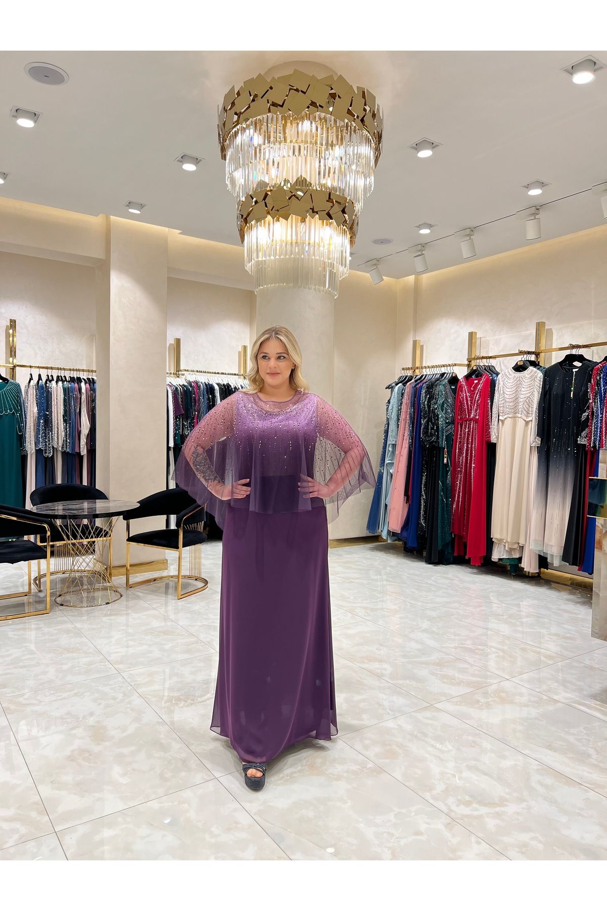 Balerina Degradeli Tül Üstüne Taş İşlemeli Büyük Beden Şifon Abiye Elbise