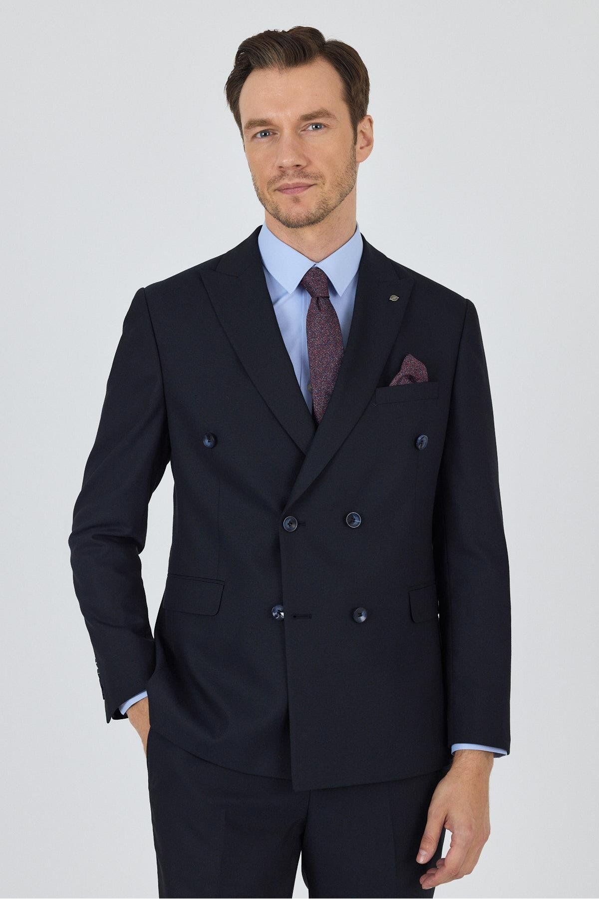 İmza Koyu Lacivert Kılıç Yaka Düz Kruvaze Classic Esnek Slim Fit Takım Elbise 1001250172