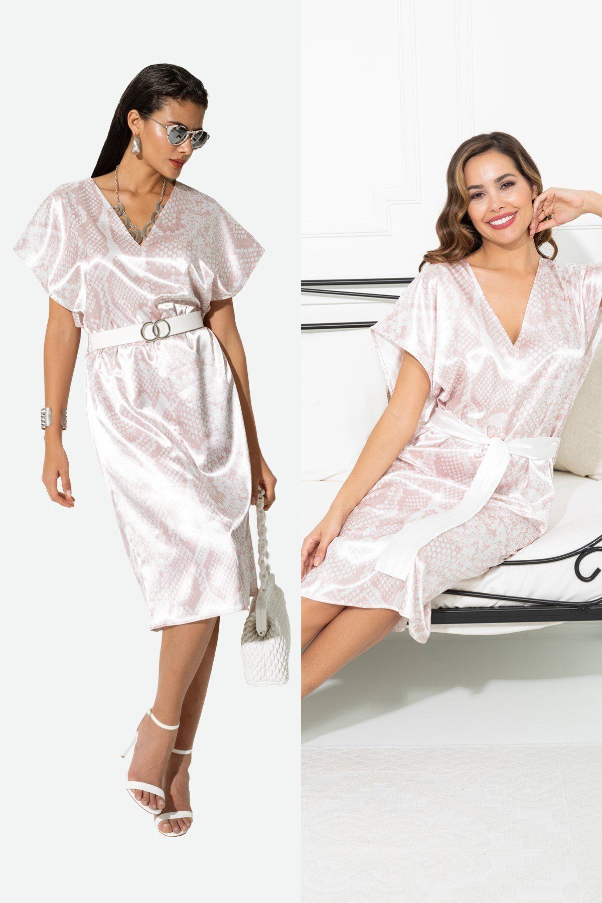 FOR YOU MODA V Yaka Yılan Desen Kemerli Pembe Saten Sabahlık Elbise