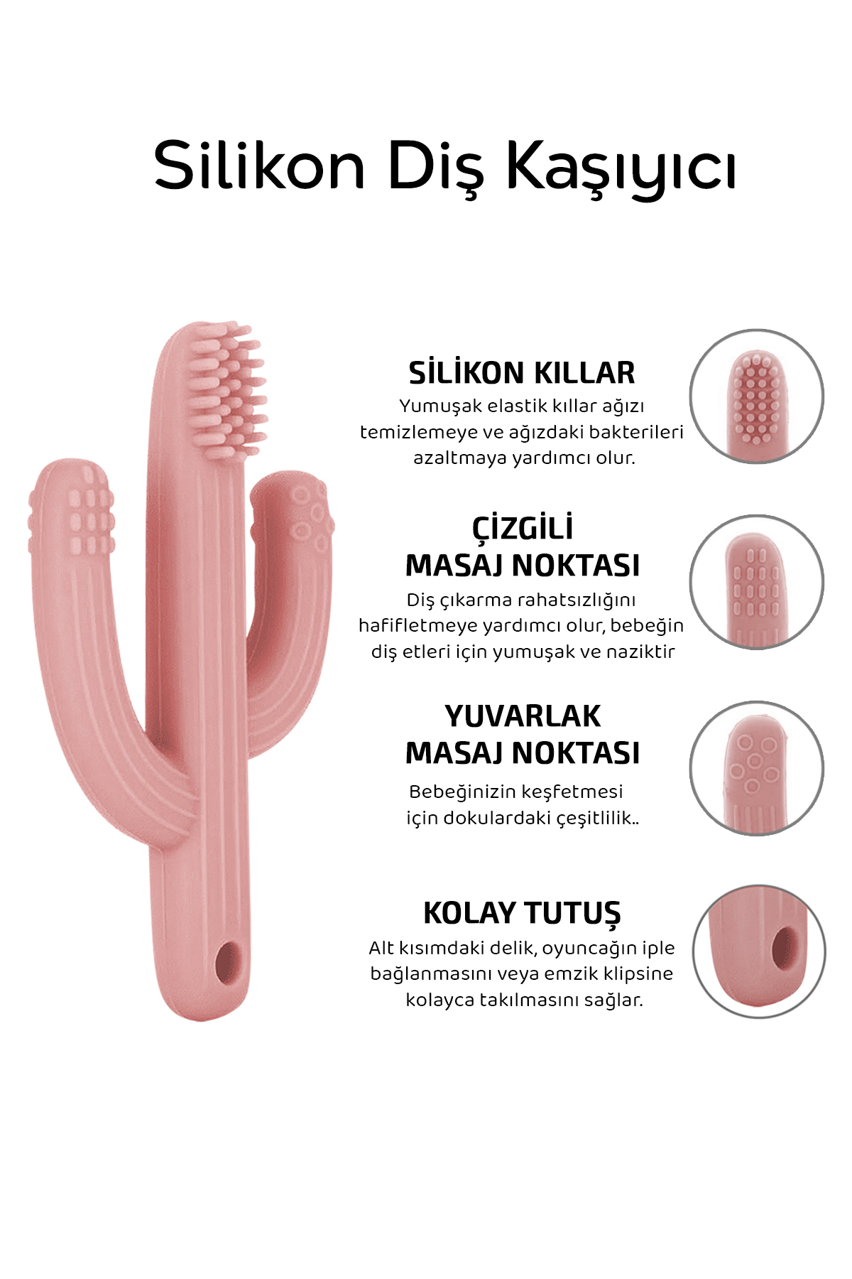 Meleni Baby 3'lü Silikon Diş Kaşıyıcı Set - Kaktüs Zürafa Figürlü Diş Kaşıyıcı Bebek Diş Kaşıma Emziği Pembe fotoğrafı 3 (önizleme)