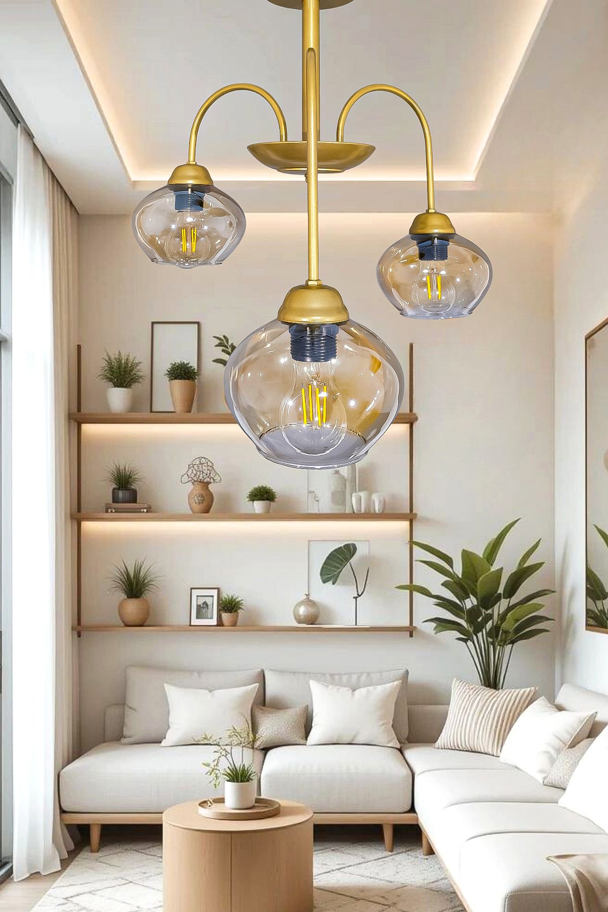 Turanconcept Dora 3 Lü Avize Dekoratif Tasarım Modern Kollu Camlı Avize Oturma Odası Yemek Odası Salon