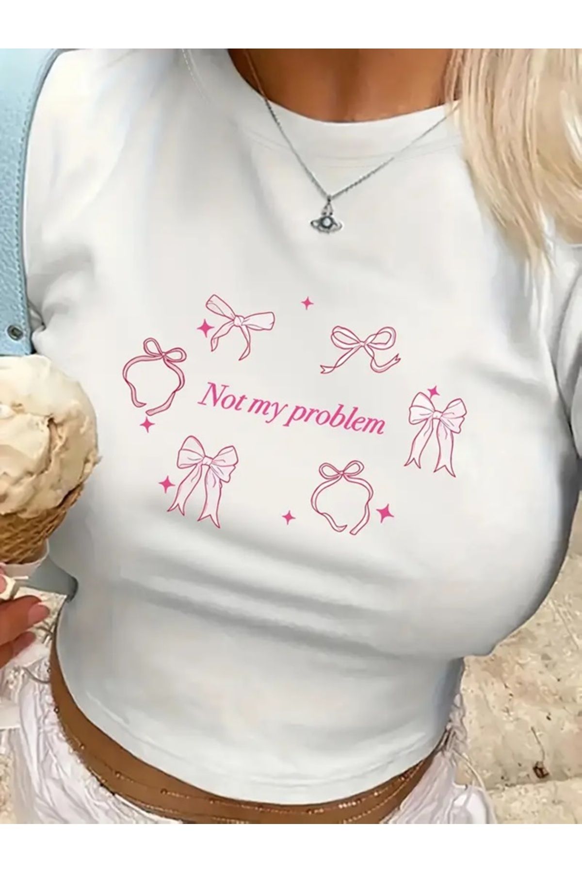 Touz Moda Note My Problem Baskılı Beyaz Body Crop Bluz