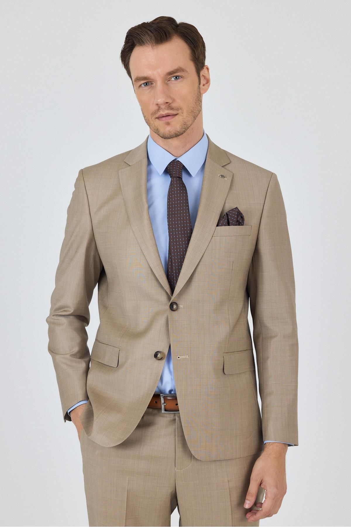 İmza Bej Mono Yaka Düz 2 Düğme Classic Yünlü Slim Fit Takım Elbise 1001250175