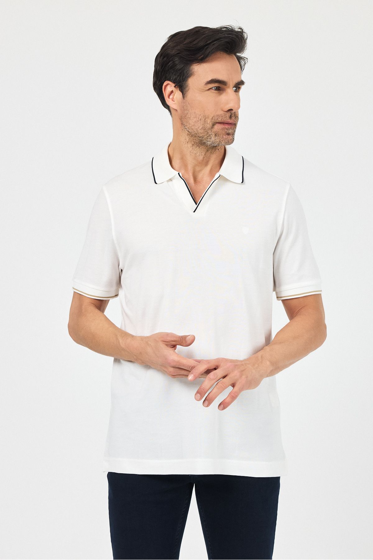 ENQUE Erkek Basic Düğmesiz Kıvrılmaz Polo Yaka Pamuklu Slim Fit Tişört