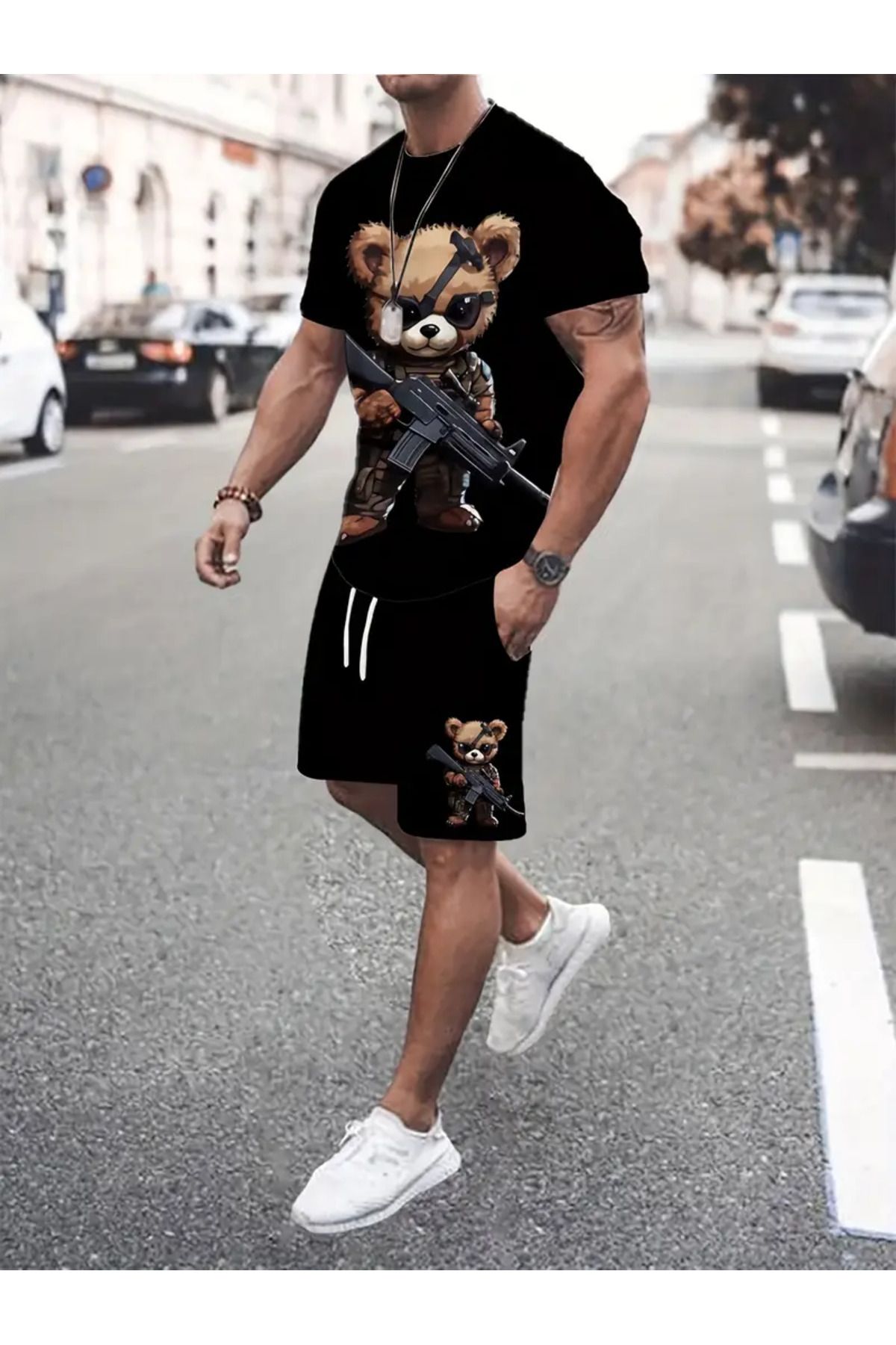 aynewmoda 2 adet Erkek karikatür Ayı Asker baskılı yazlık takım elbise,
