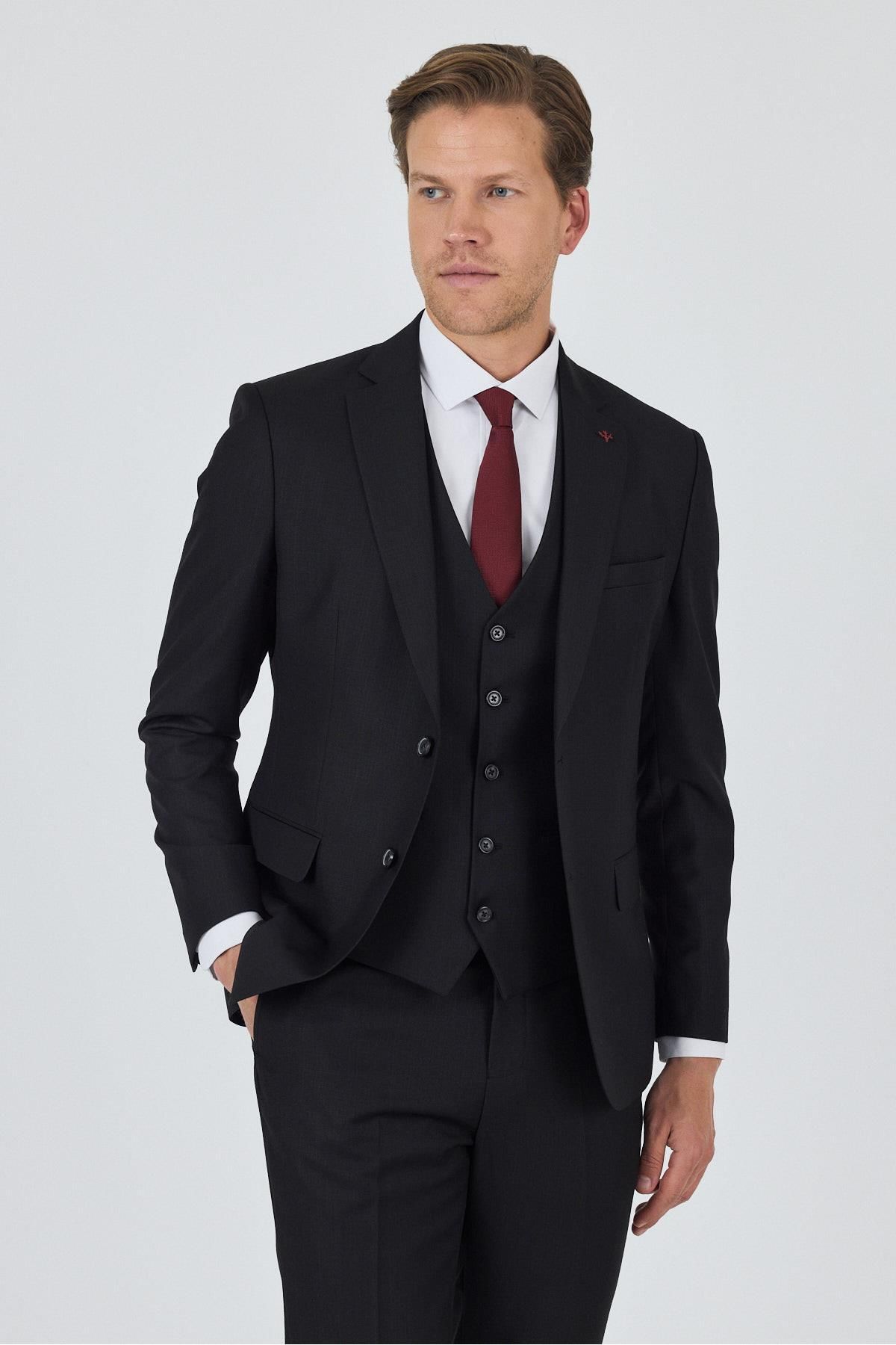 İmza Düz Filafil Mono Yaka Tam Astar Yelekli 6 Drop Slim Fit Takım Elbise 1001250171
