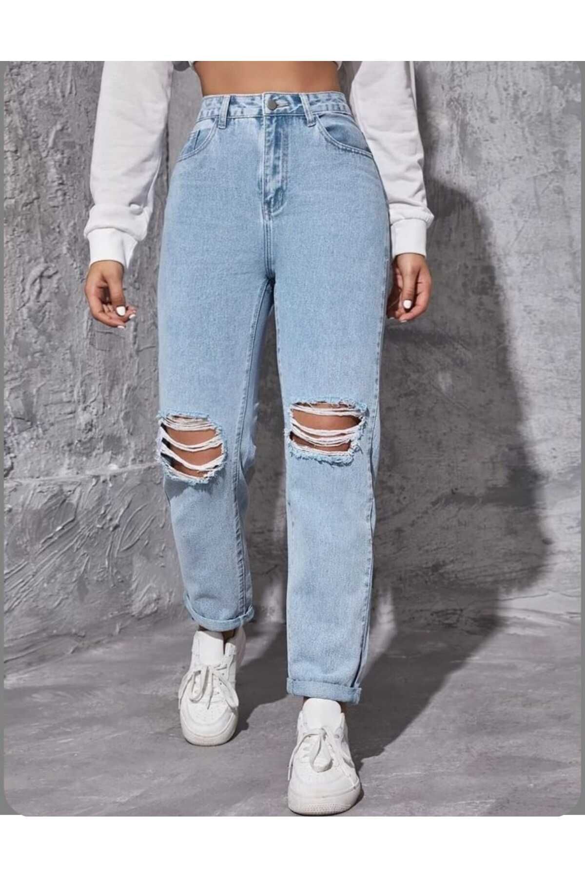 VivaJoy Kadın yüksek bel yırtık straight leg jeans