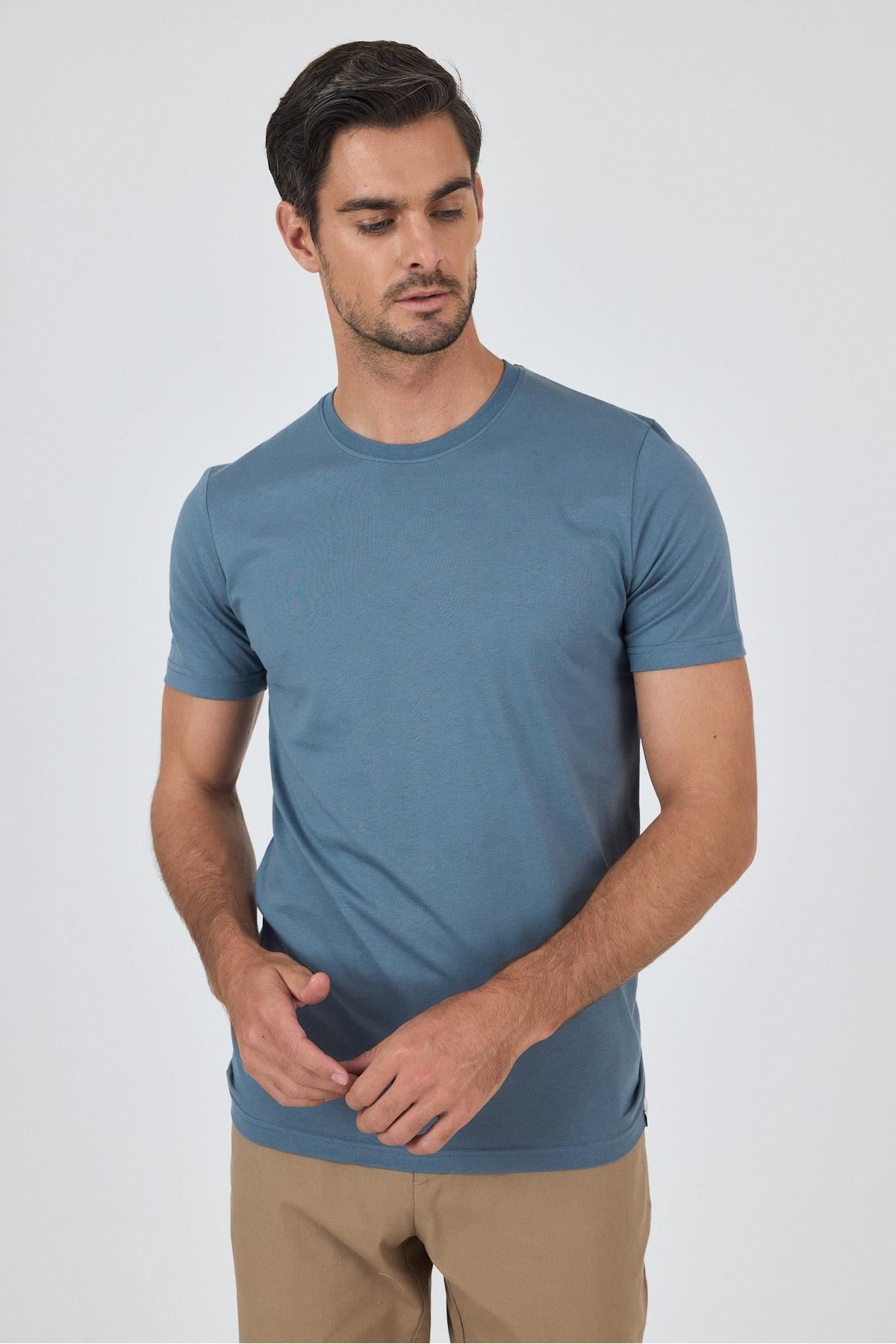 İmza Mavi Kısa Kol Bisiklet Yaka Cepsiz Pamuk Casual Slim Fit Tişört 1011250158