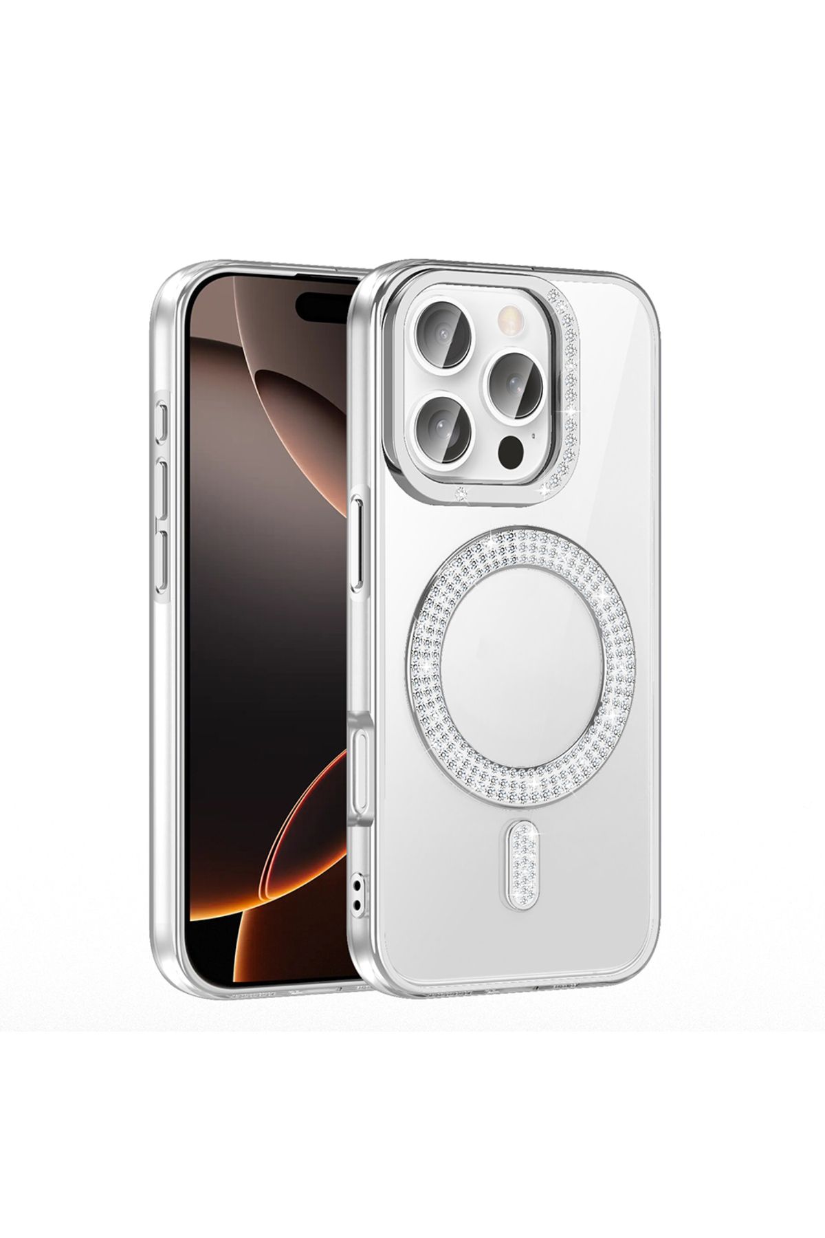 Strap U Apple iPhone 16 Pro Kılıf Pırlanta Taş Tasarımlı M-safe Şarj Özellikli Karetta Silikon Kapak
