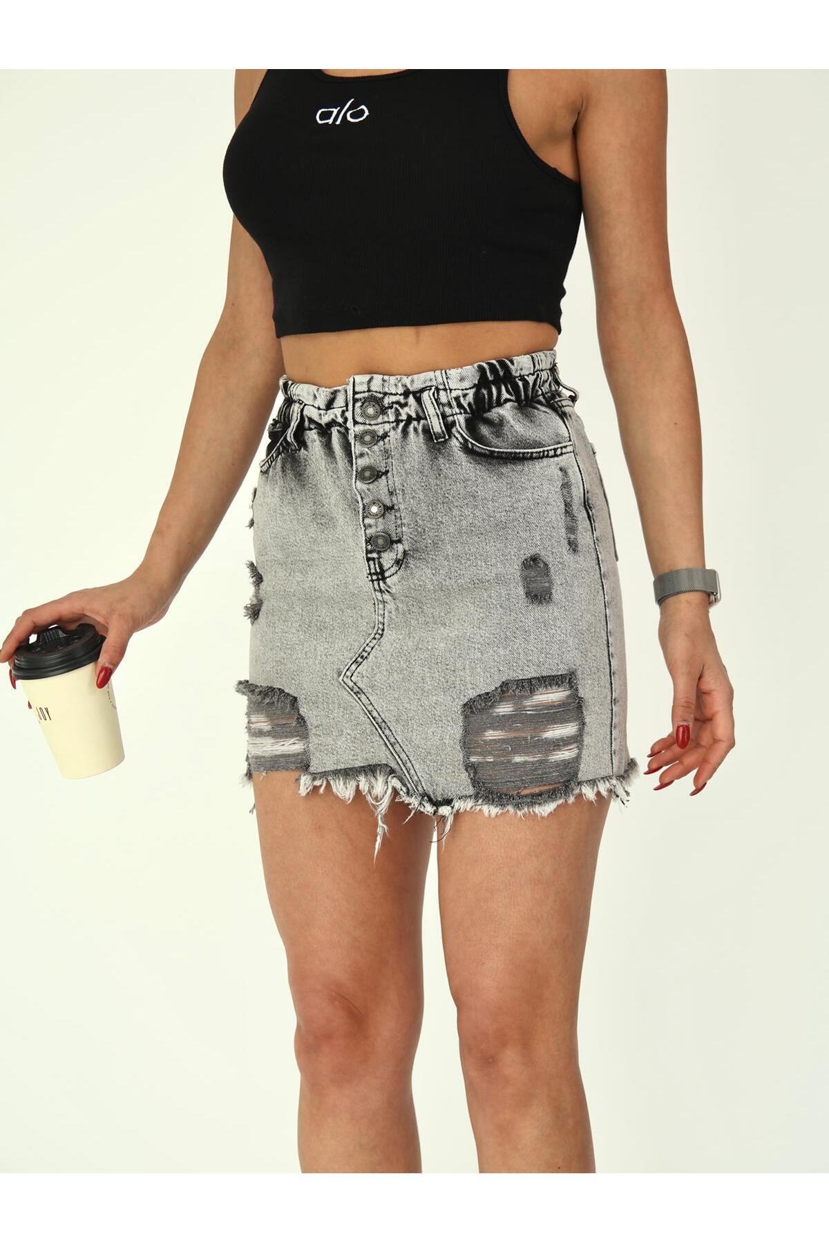 Zeo Basic-Front Button Detail Denim Skirt with Elastic Waist 7