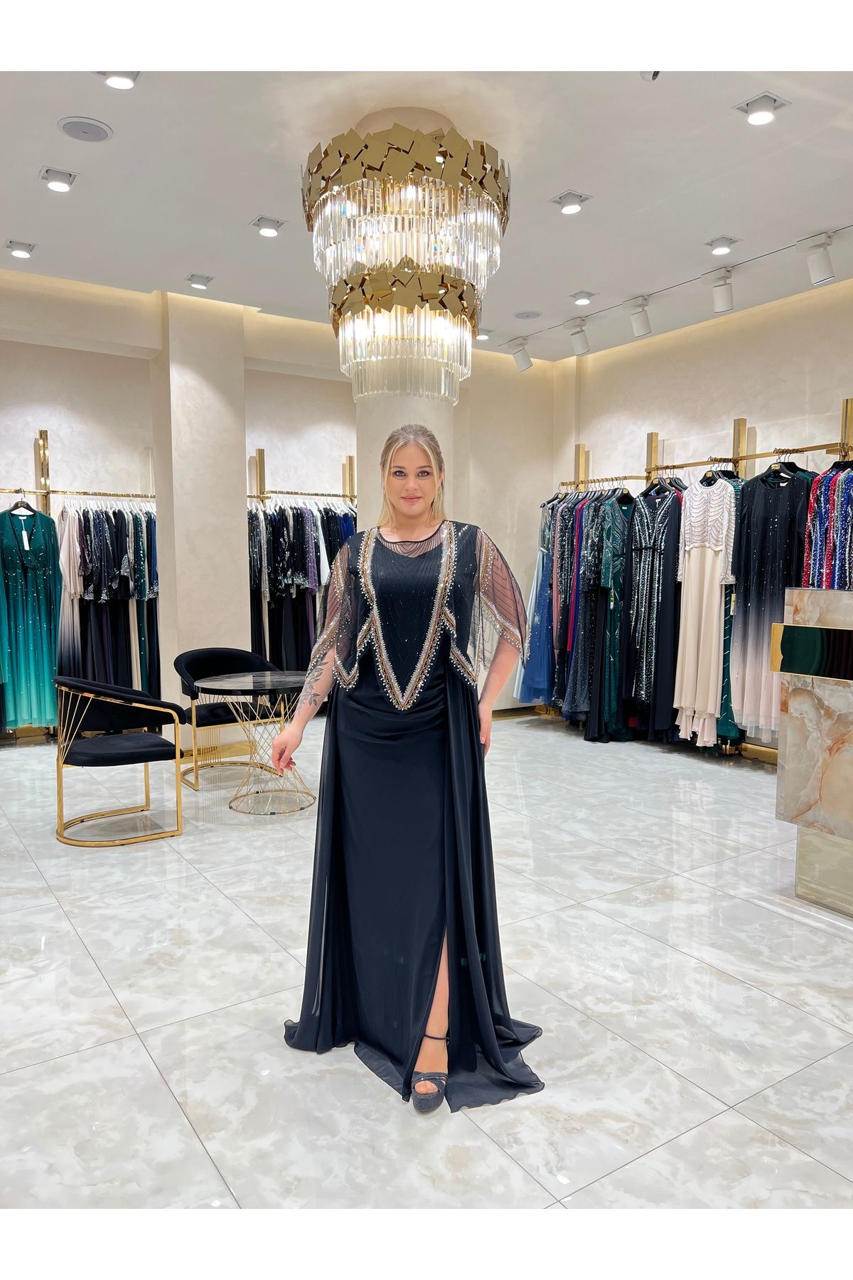 Balerina Taş İşlemeli Büyük Beden Şifon Abiye Elbise