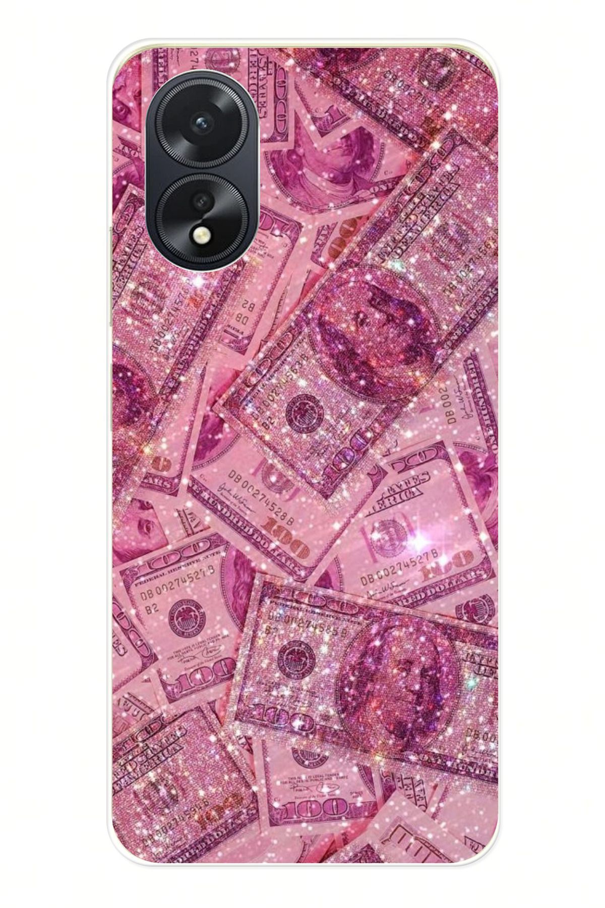 TechTree OPPO A38 Uyumlu Pembe Işıltılı Dolarlar Şeffaf Silikon Kılıf