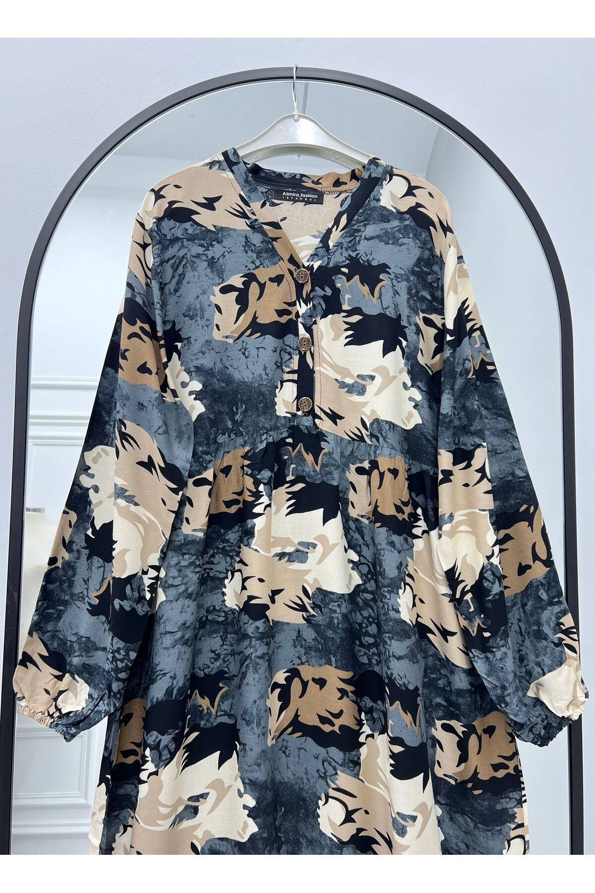 ALLMİRA FASHION Yazlık Viskon Uzun Elbise Füme Bej Desenli