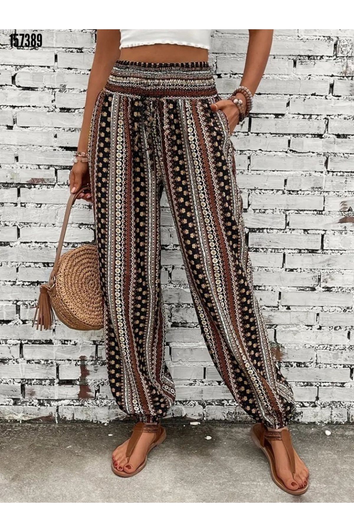 Kokosh moda Kadın Etnik Desenli Lastik Detaylı Salaş Pantolon