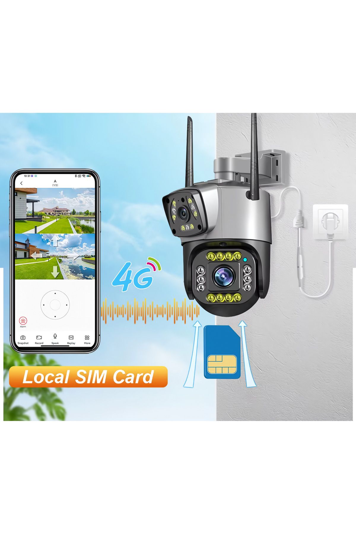 GÜMRÜK BEY Çift Lensli Wifi Smart 360 Derece Tam Renkli Açık Hava Gece Görüşlü 4Mp. 4G PTZ Kamera 2K 10x Zoom