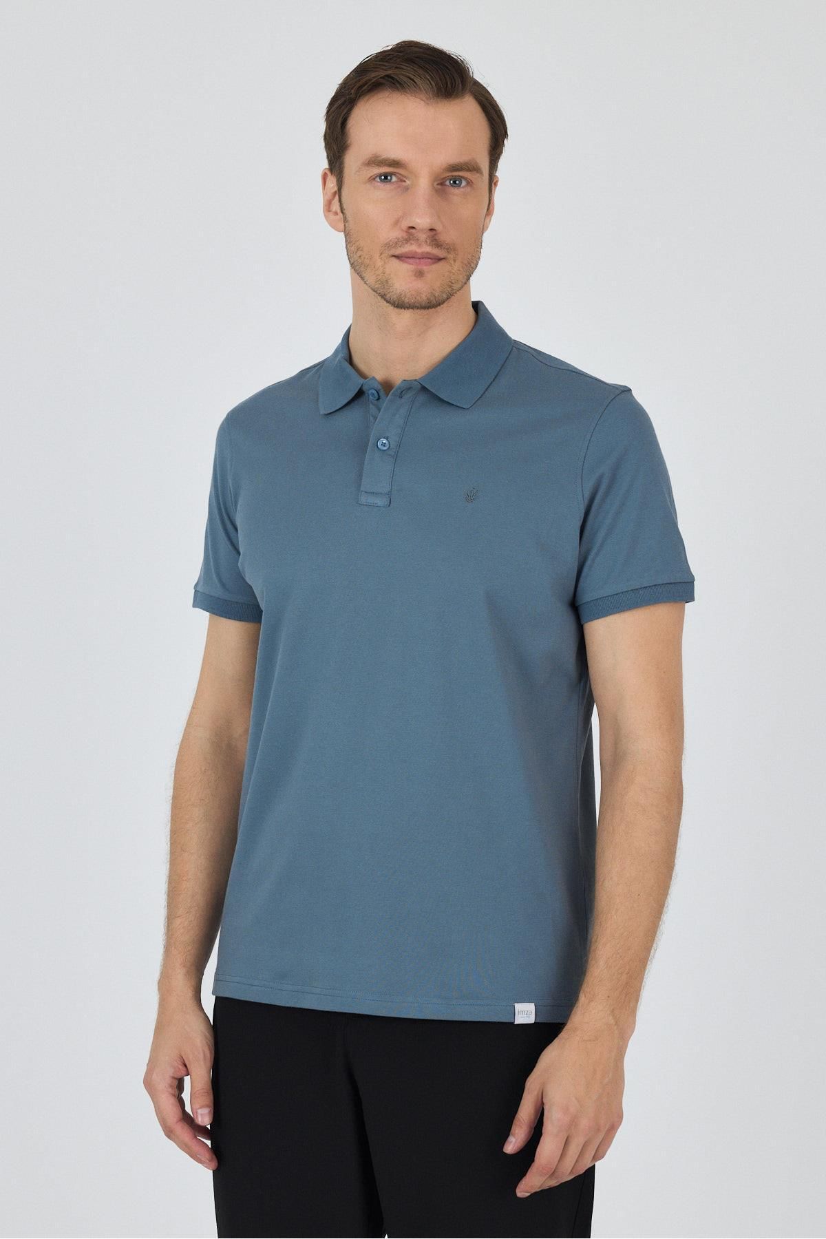 İmza Mavi Kısa Kol Düz Pike Polo Yaka Cepsiz Pamuk Casual Slim Fit Tişört 1011250157_302