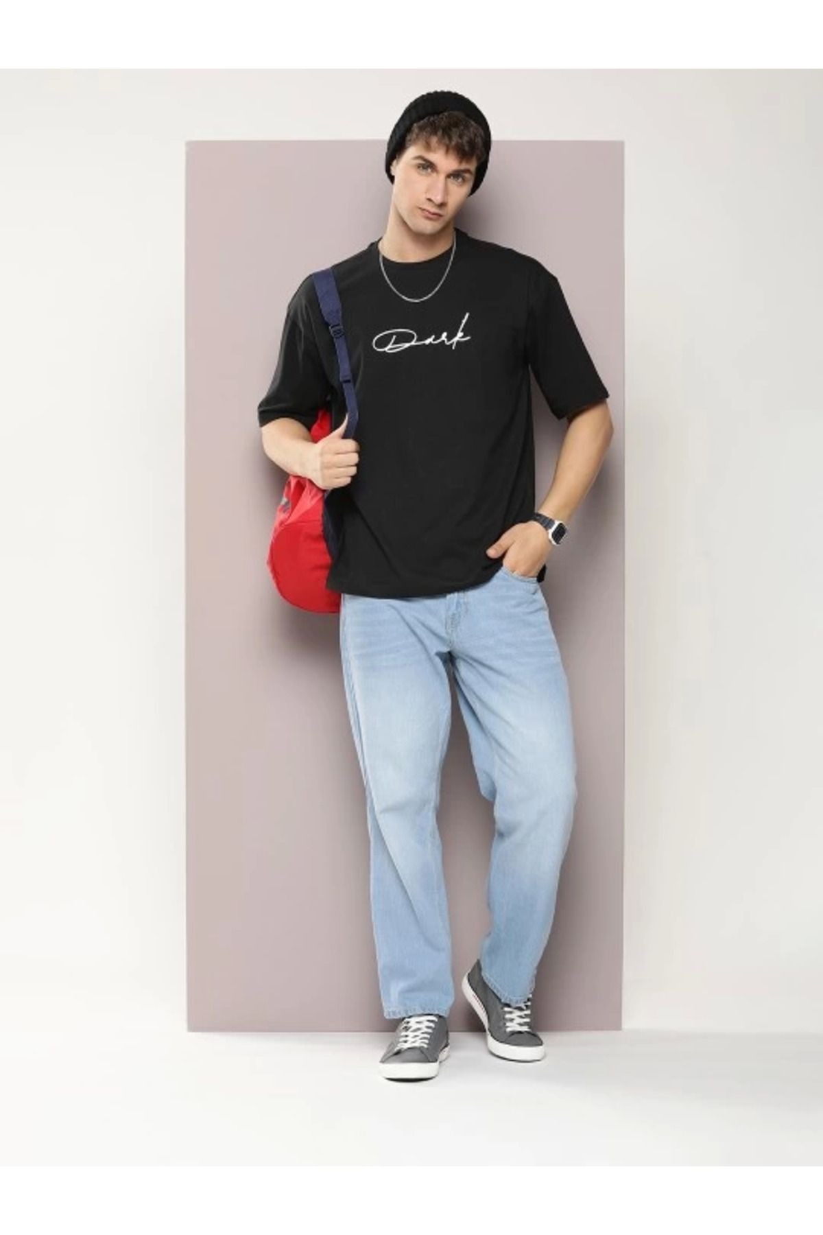Eserden Erkek Baskılı Oversize T-shirt - Siyah