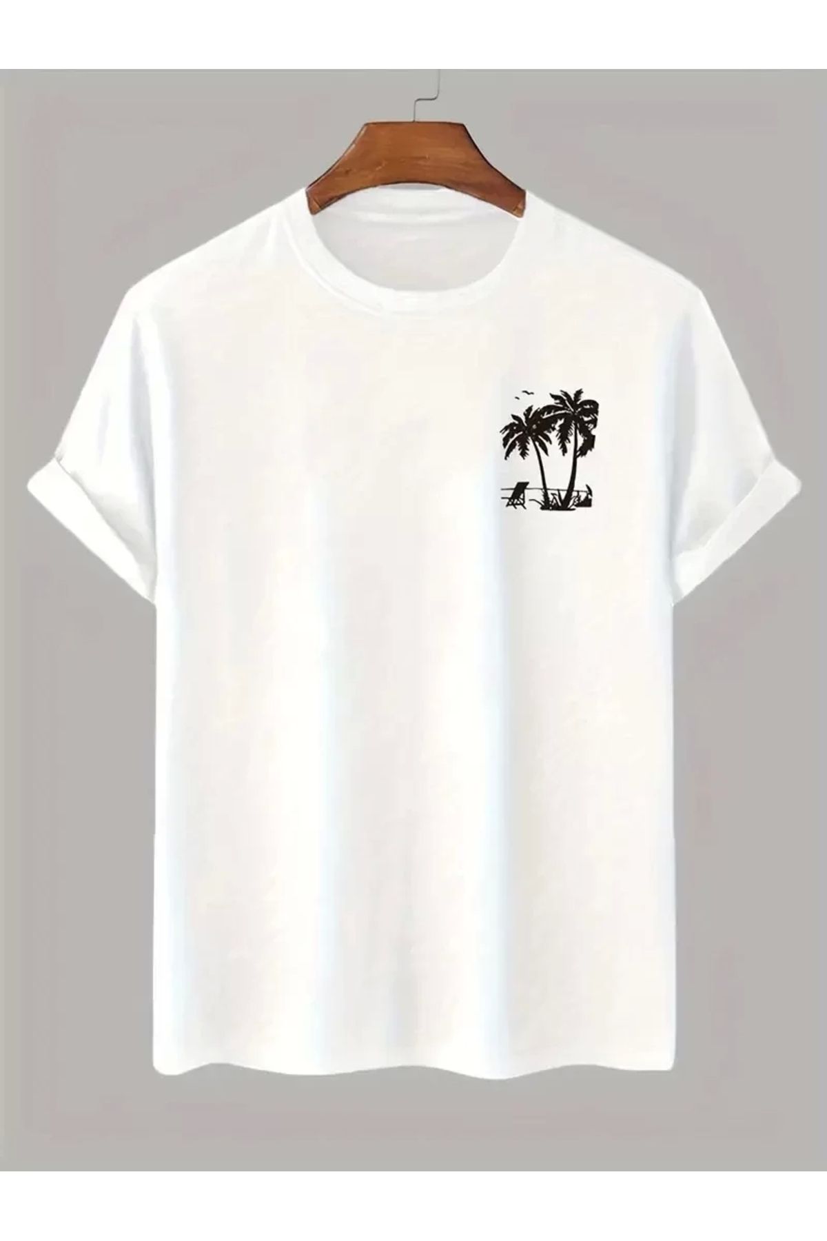 luz&pos Palmiye Ön Baskılı Oversize Bisiklet Yaka T-shirt - Beyaz