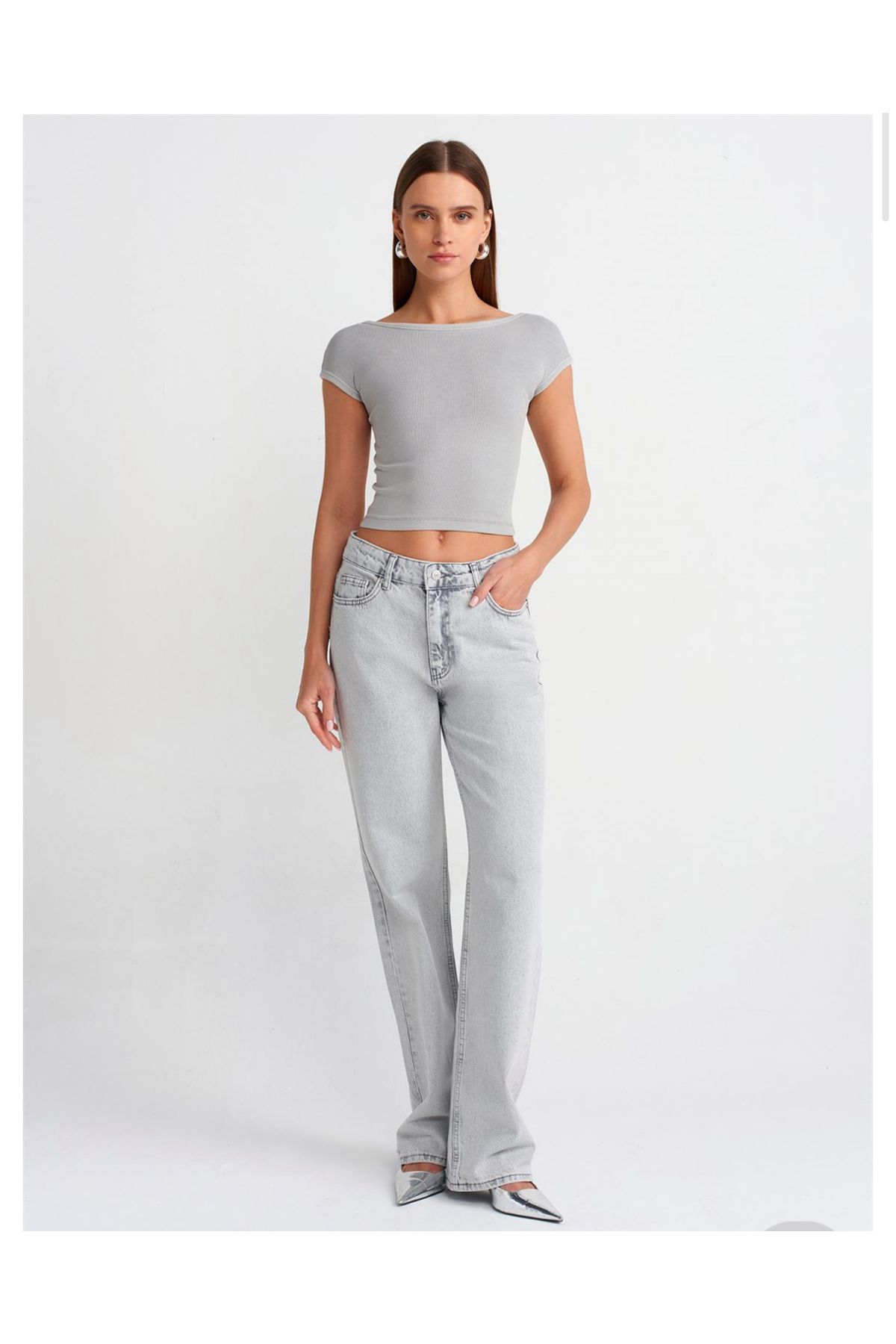 NK 71454 Kar Yıkama Gri Wideleg Denim Pantolon-Gri