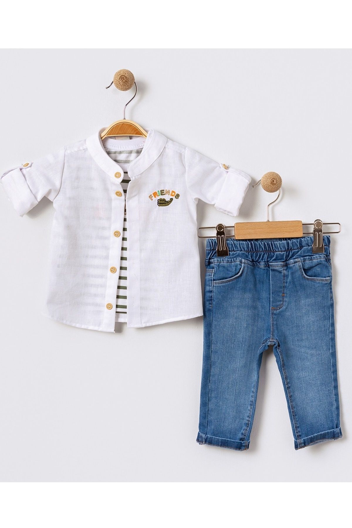 Bebüş Erkek Bebek Keten Gömlek Çizgili T-Shirt ve Kot Pantolonlu 3’lü Yazlık Takım 15862