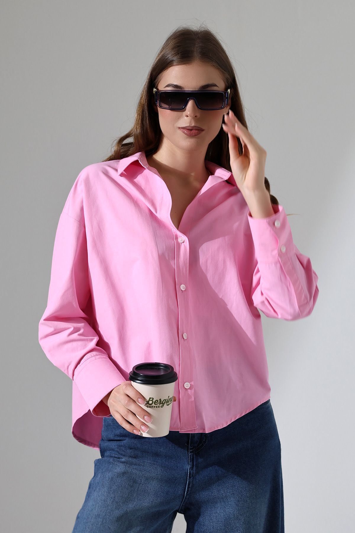 SM UNDERWEAR Kadın Gömlek Toz Şeker Pembe Oversize Rahat Kesim Poplin Kumaş Gomlek