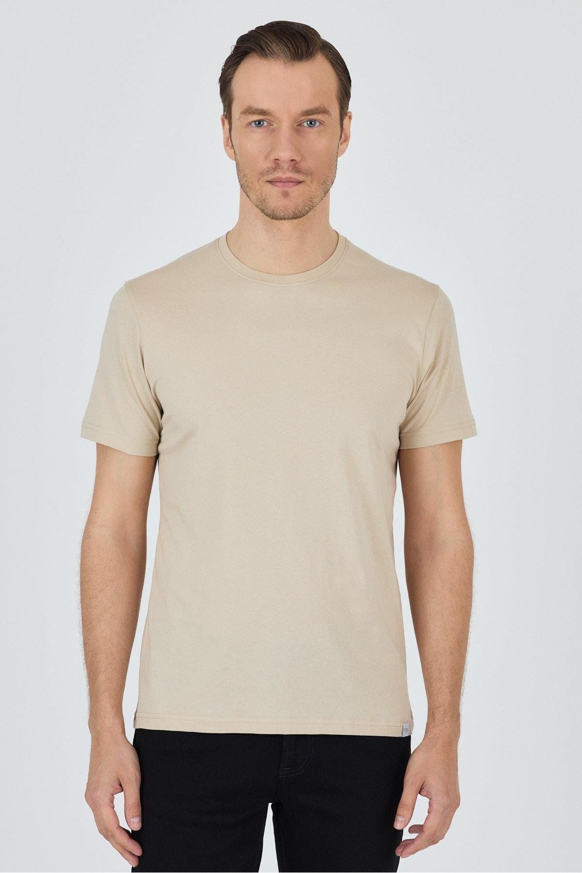 İmza Bej Kısa Kol Bisiklet Yaka Cepsiz Pamuk Casual Slim Fit Tişört 1011250158
