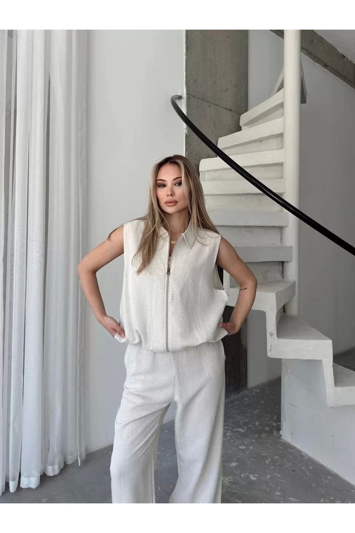 luz&pos Keten Tam Fermuarlı Kolsuz Ceket Pantolon ikili Takım- Beyaz