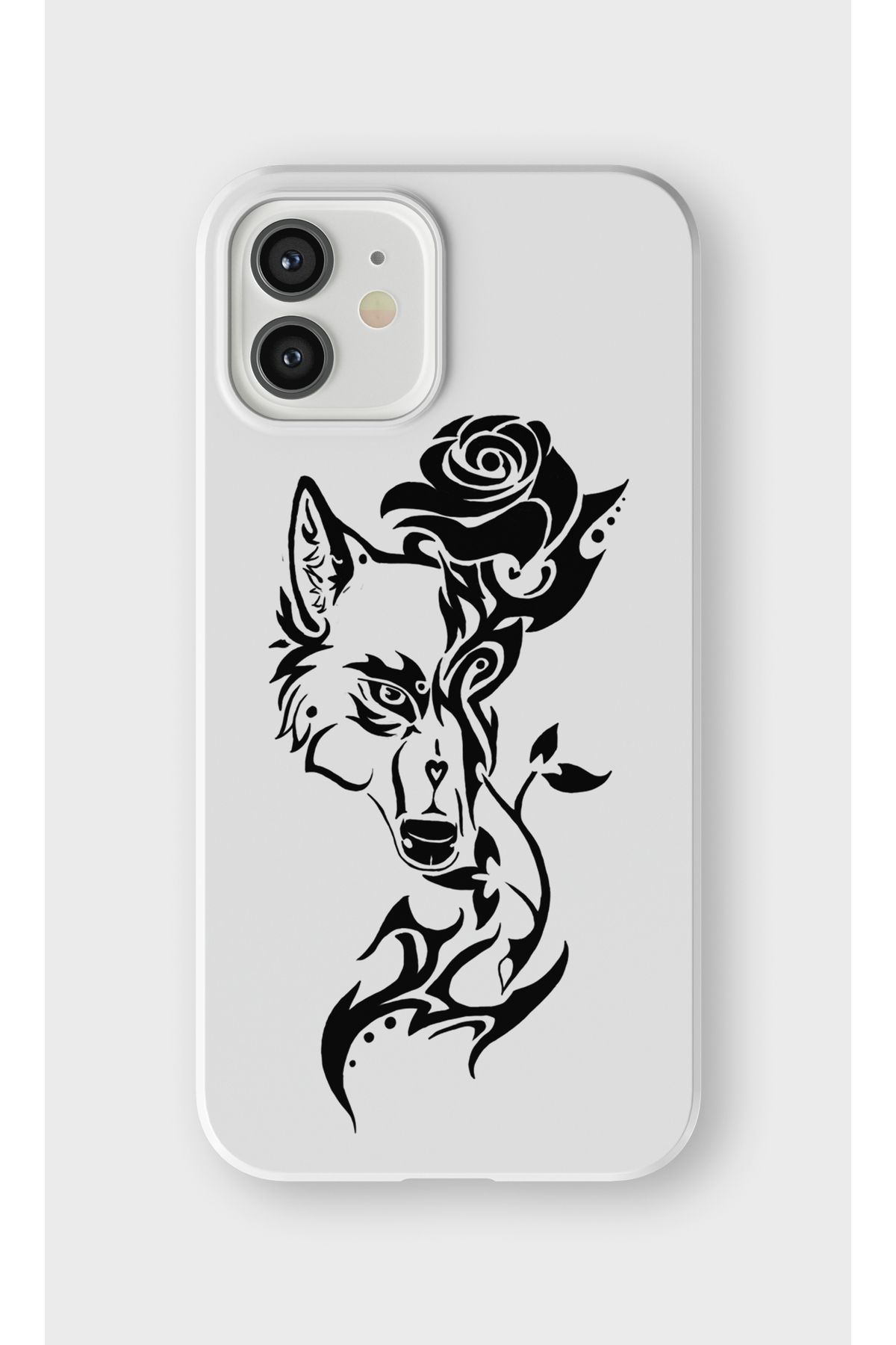 lelia iPhone 12 Uyumlu Gül ve Kurt Tasarımlı İçi Kadife Lansman Beyaz Silikon Kılıf