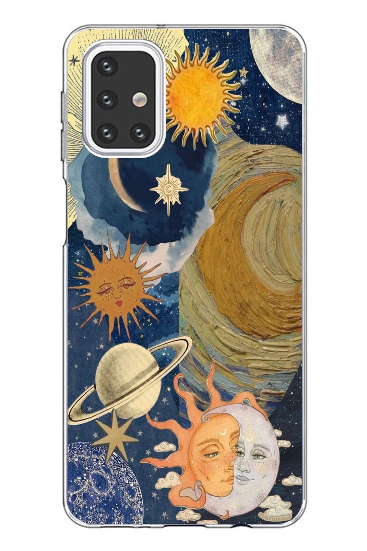 TechTree Samsung Galaxy M31S Uyumlu Güneş ve AY Evren Tasarımlı Şeffaf Silikon Kılıf