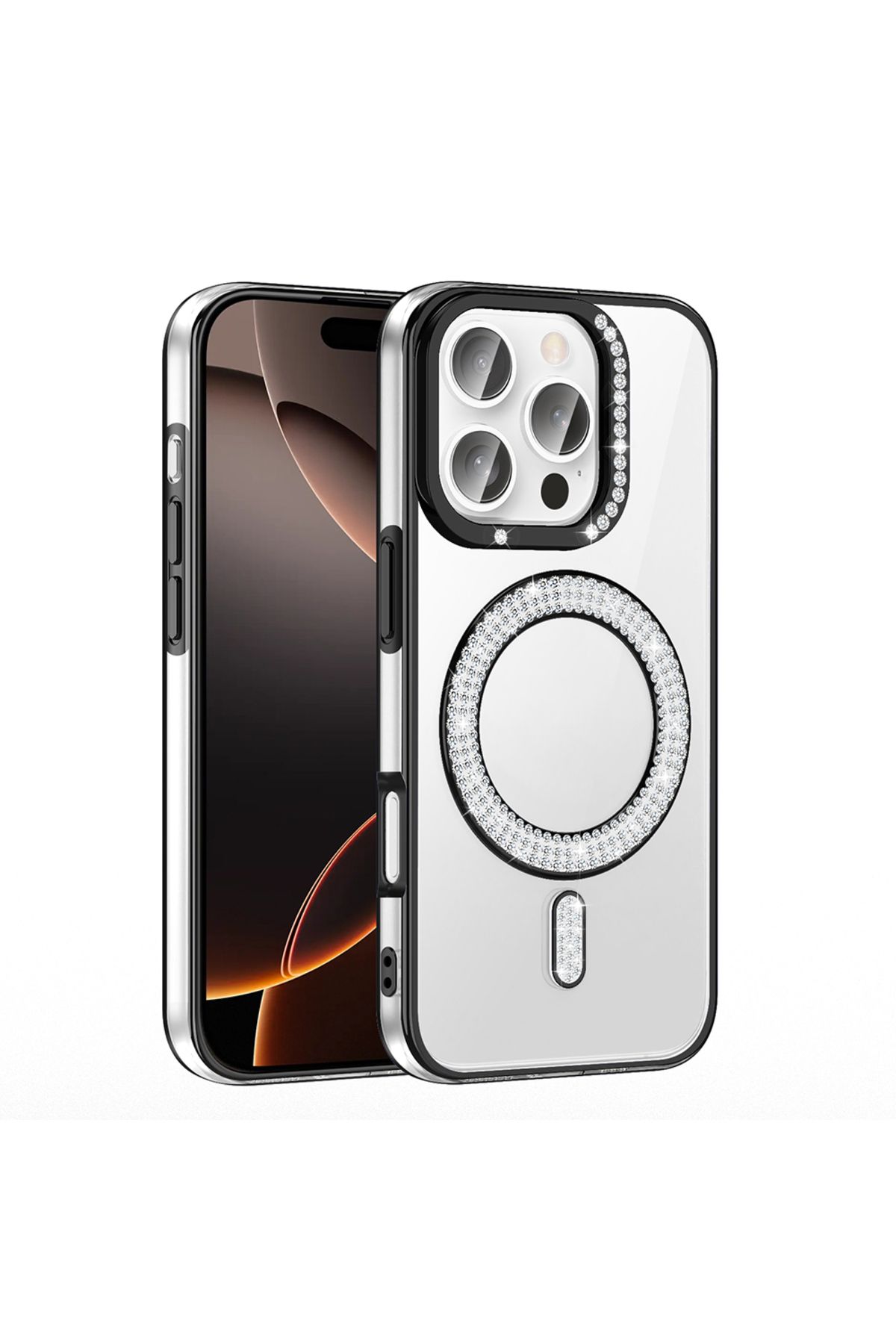 Strap U Apple iPhone 16 Pro Kılıf Pırlanta Taş Tasarımlı M-safe Şarj Özellikli Karetta Silikon Kapak