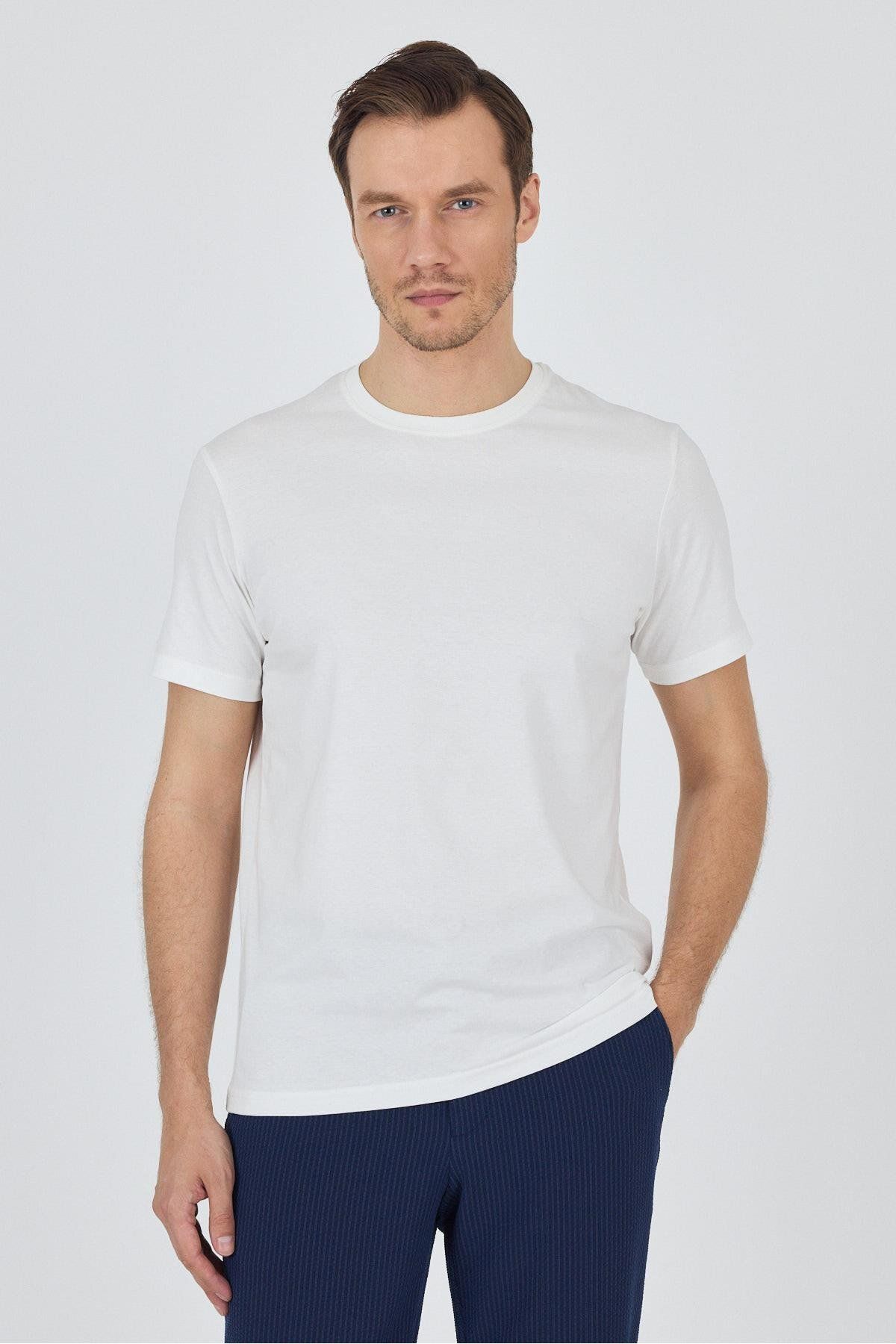 İmza Açık Krem Kısa Kol Bisiklet Yaka Cepsiz Pamuk Casual Slim Fit Tişört 1011250158