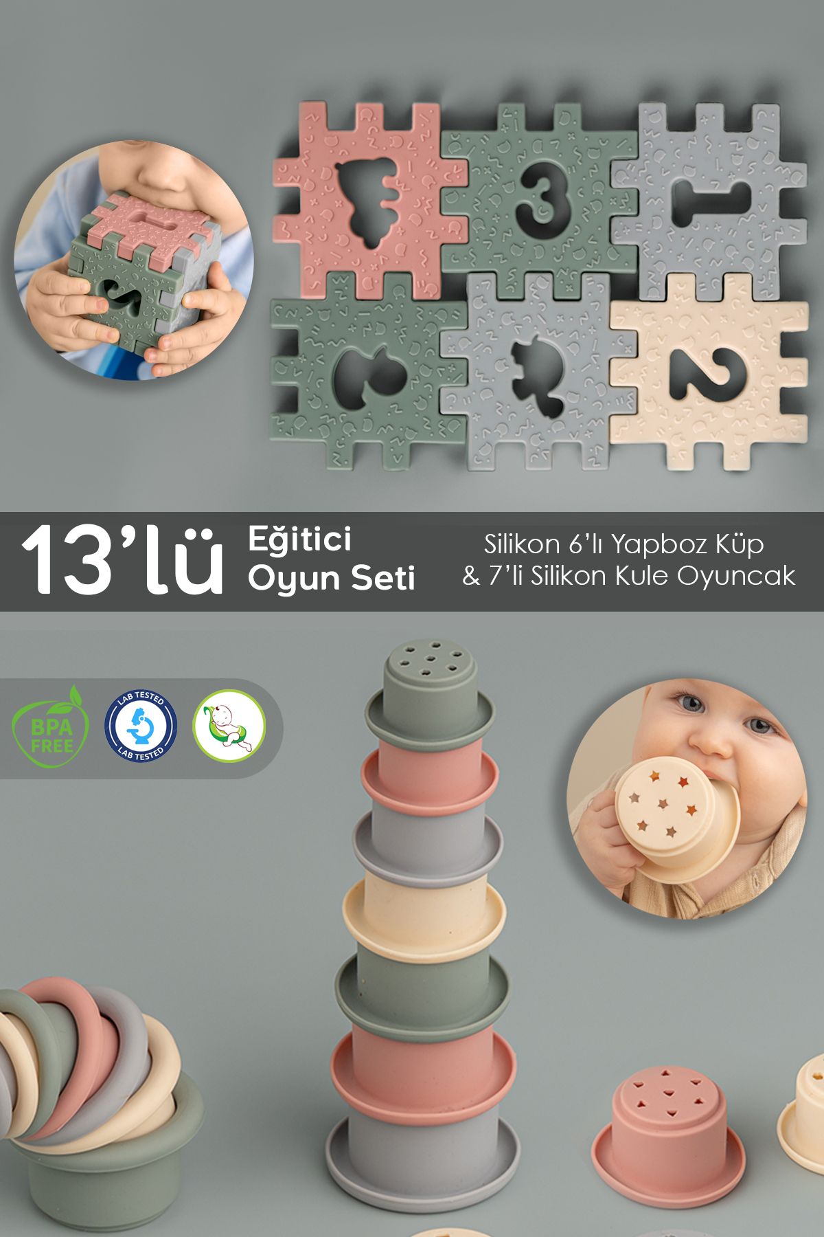 Meleni Baby 13 Parça Silikon Eğitici Oyuncak Seti - Küp Oyuncak Oyun Kulesi Bebek Çocuk Aktivite Oyuncağı Renkli