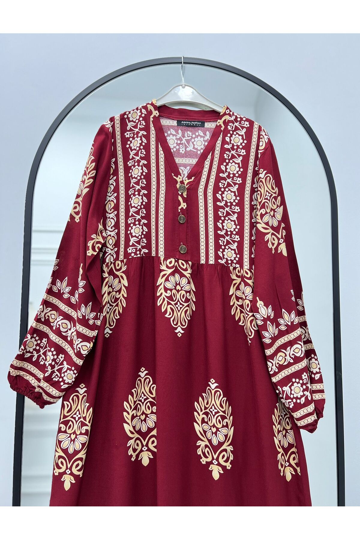 ALLMİRA FASHION Yazlık Viskon Uzun Elbise Bordo Krem Desenli