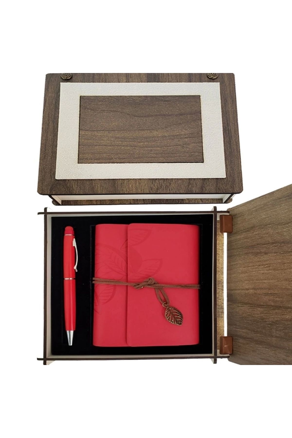 PRATİKOBA Özel Ahşap Kutulu Kırmızı Deri Defter Ve Kalem Set
