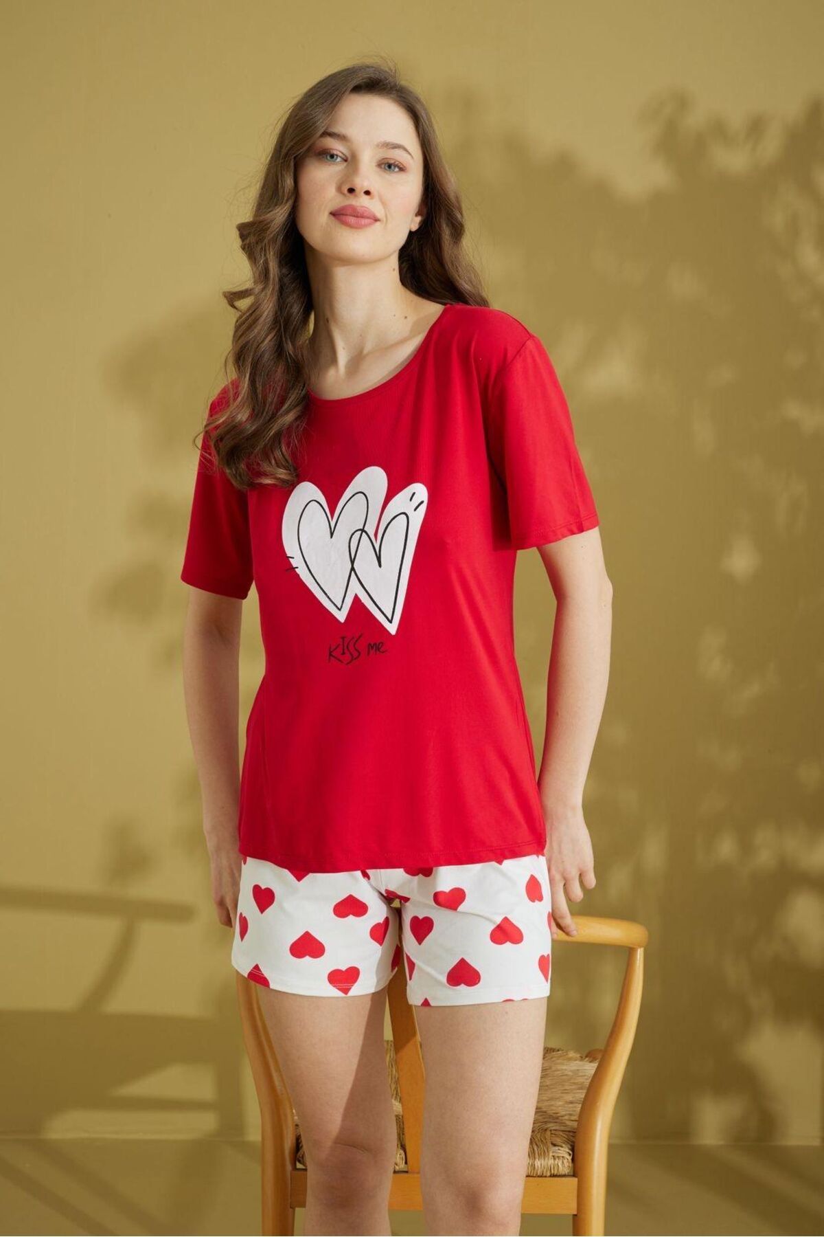 seamlife Kadın %100 Pamuklu Kırmızı Kalp Desenli Kısa Kollu Şortlu Yazlık Pijama Takımı