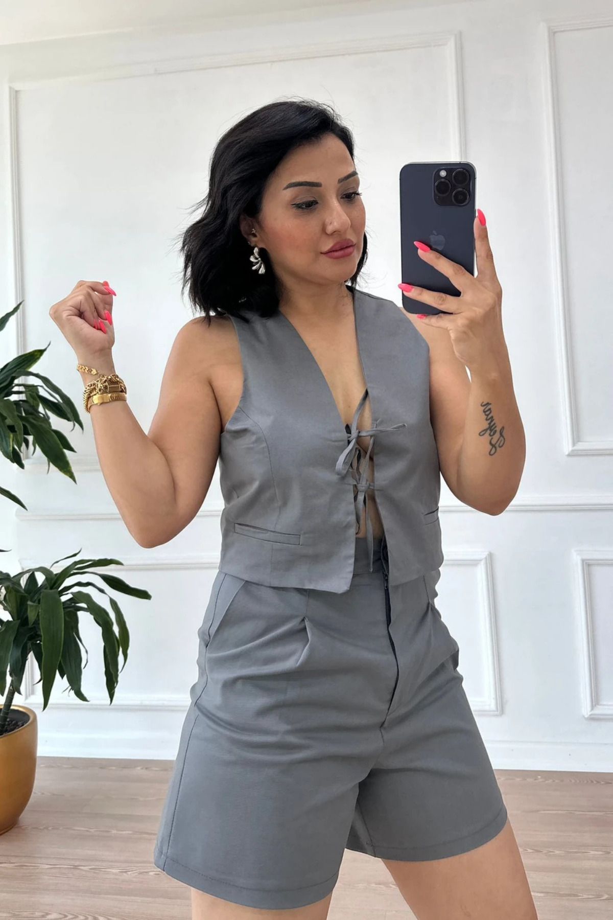 rşnmoda Kadın önü ipli bağlamalı Yelek Şort ikili takım