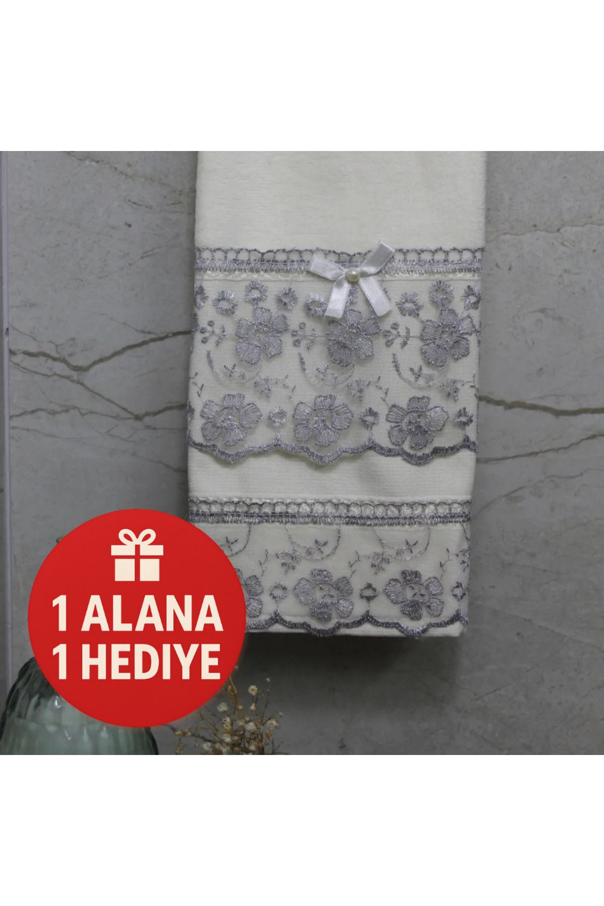 Lobya Eunna Bir Alana Bir Hediye Gri Çiçekli Fiyonklu El Havlusu (50 X 90)