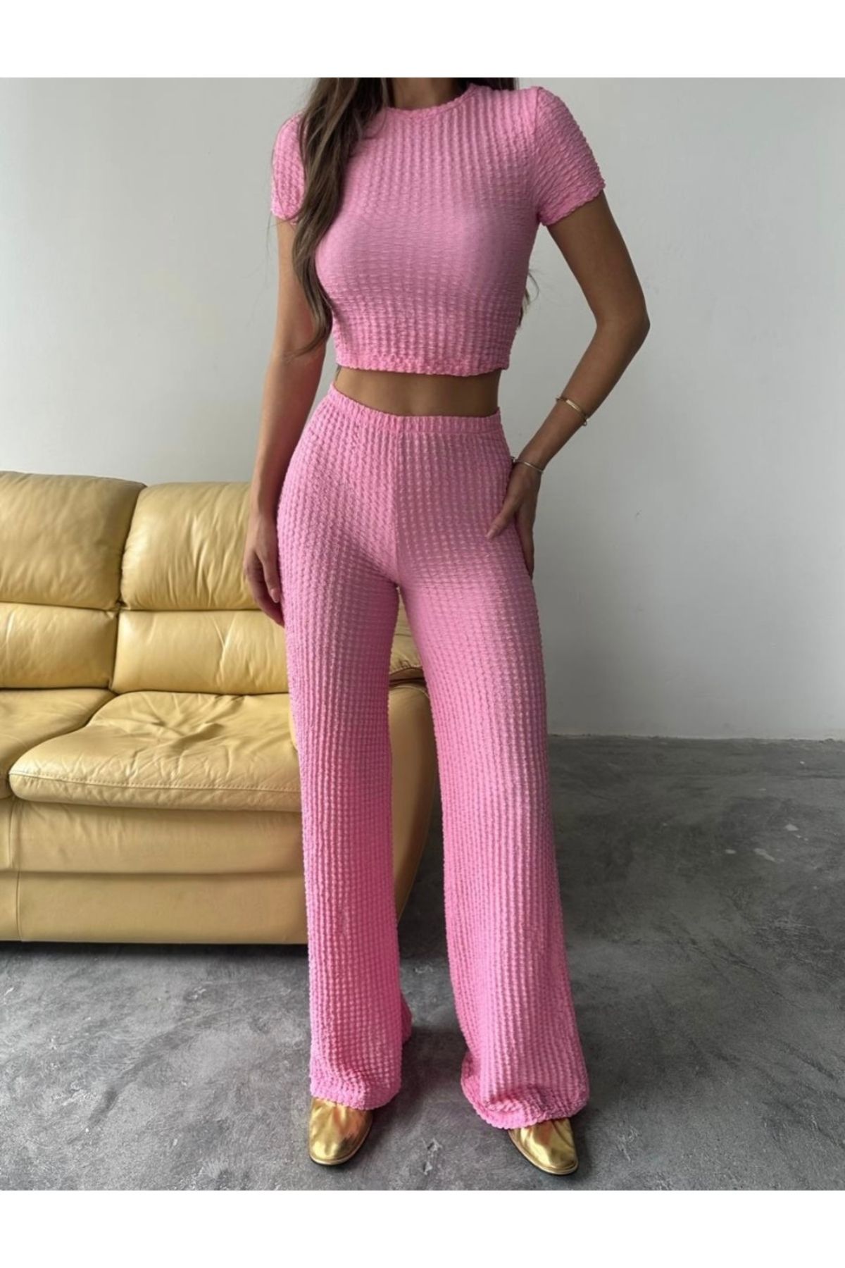 Butik Kadın Pembe Alt Üst Gofre Takım