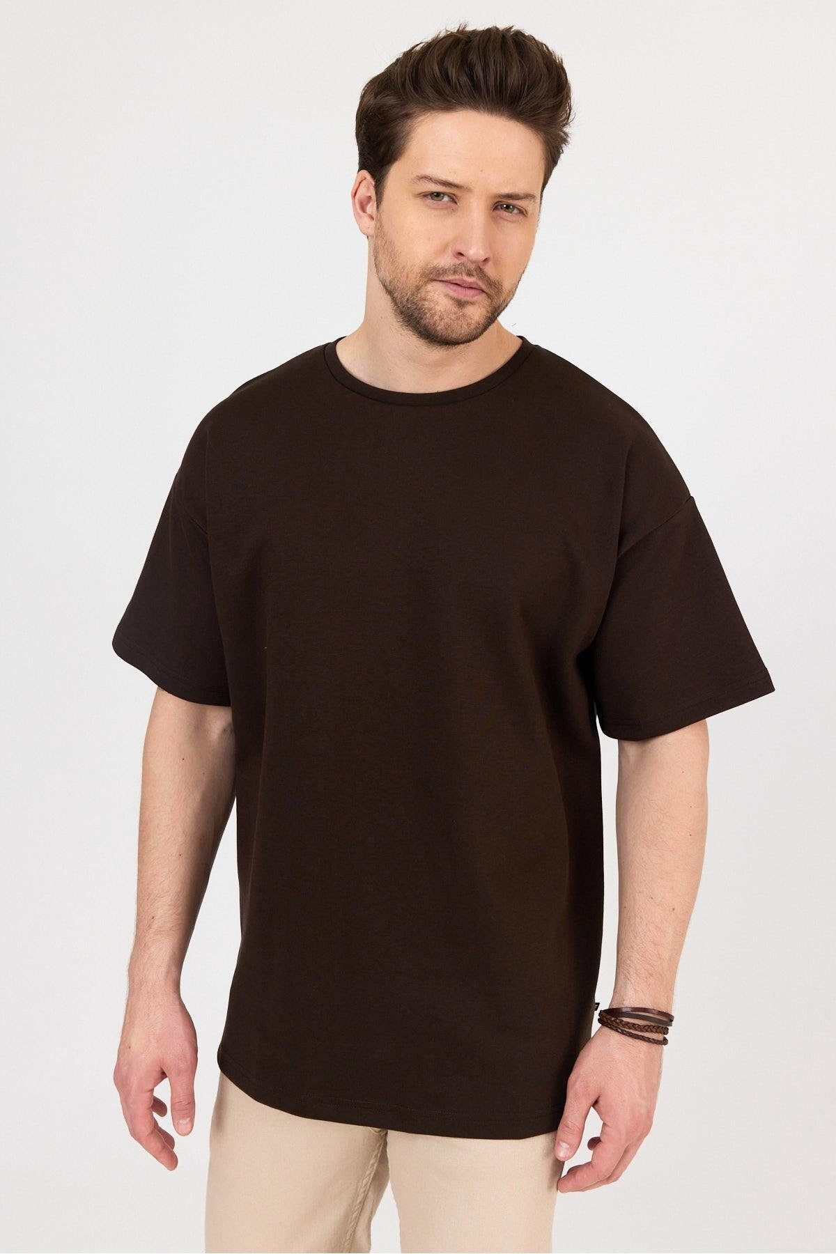 FİHA /7031-ERKEK DOUBLEFACE İNTERLOK OVERSIZE TSHIRT - KAHVE