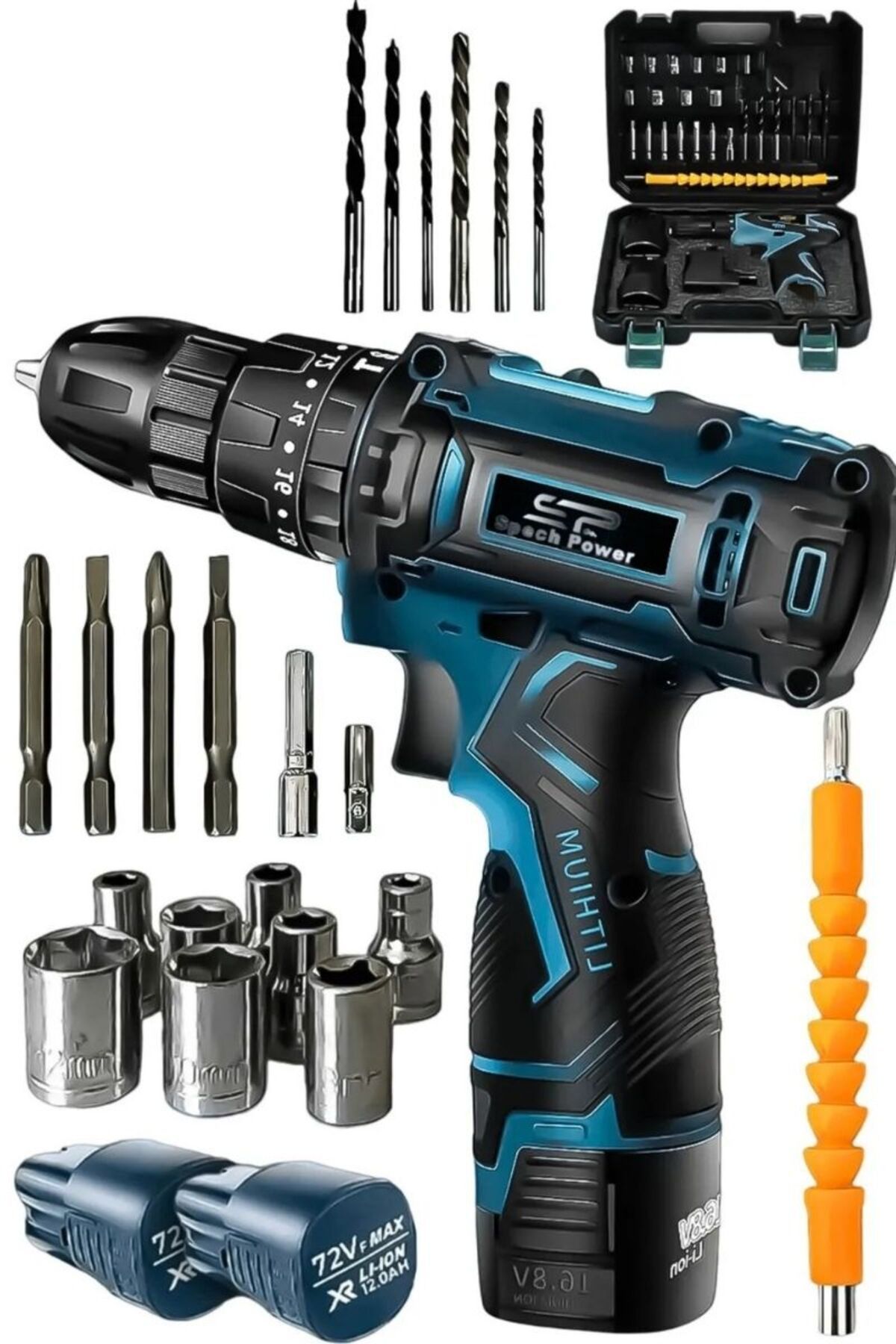 Spech Power USA 58Volt 12 Ah 27 Pcs SetKorumalı Çelik Şanzuman 2 Akülü Vidalama Şarjlı Matkap