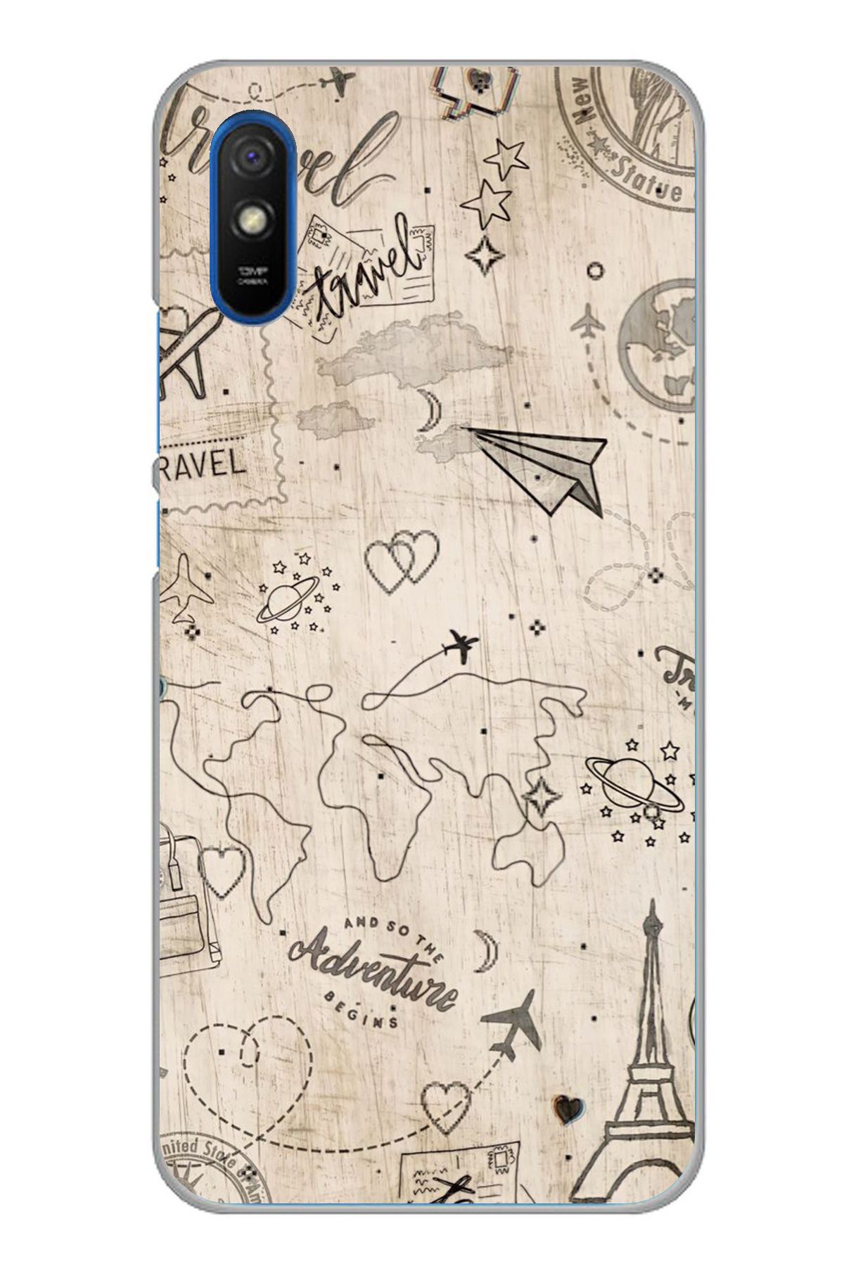 TechTree Redmi 9A Uyumlu Travel Tasarımlı Şeffaf Silikon Kılıf